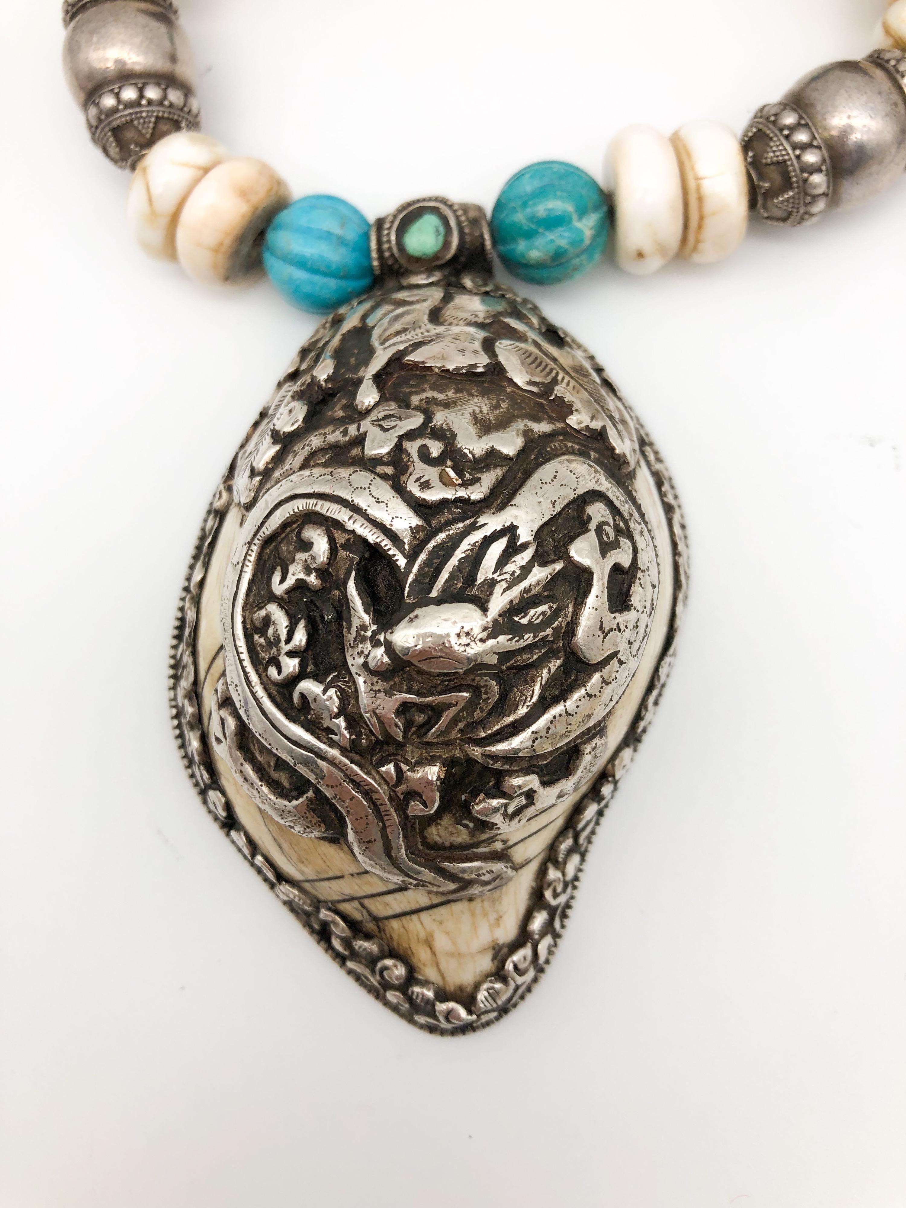 A.Jeschel Sterling Silver Dragon Tibetan Pendant and Turquoise assorted beads For Sale 1