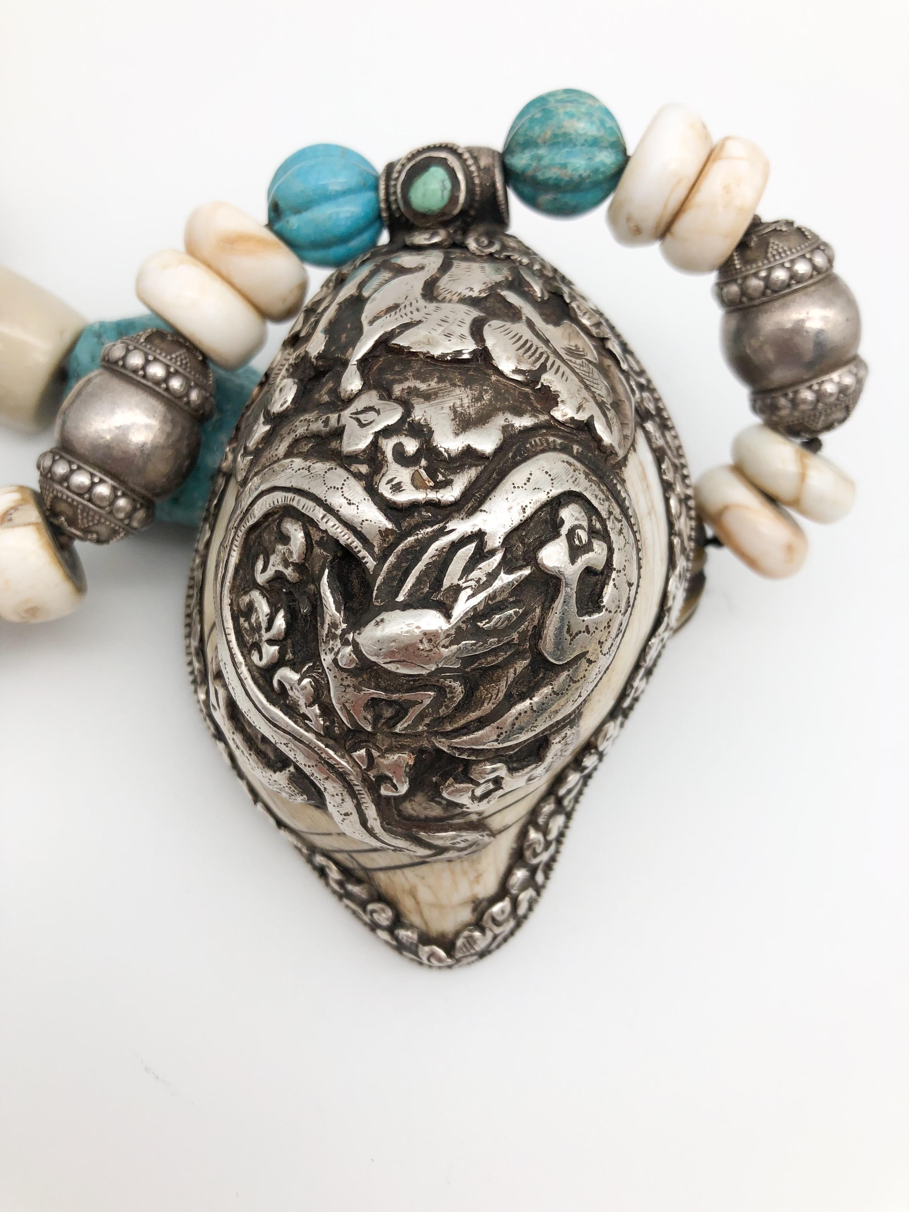 Contemporary A.Jeschel Sterling Silver Dragon Tibetan Pendant and Turquoise assorted beads For Sale