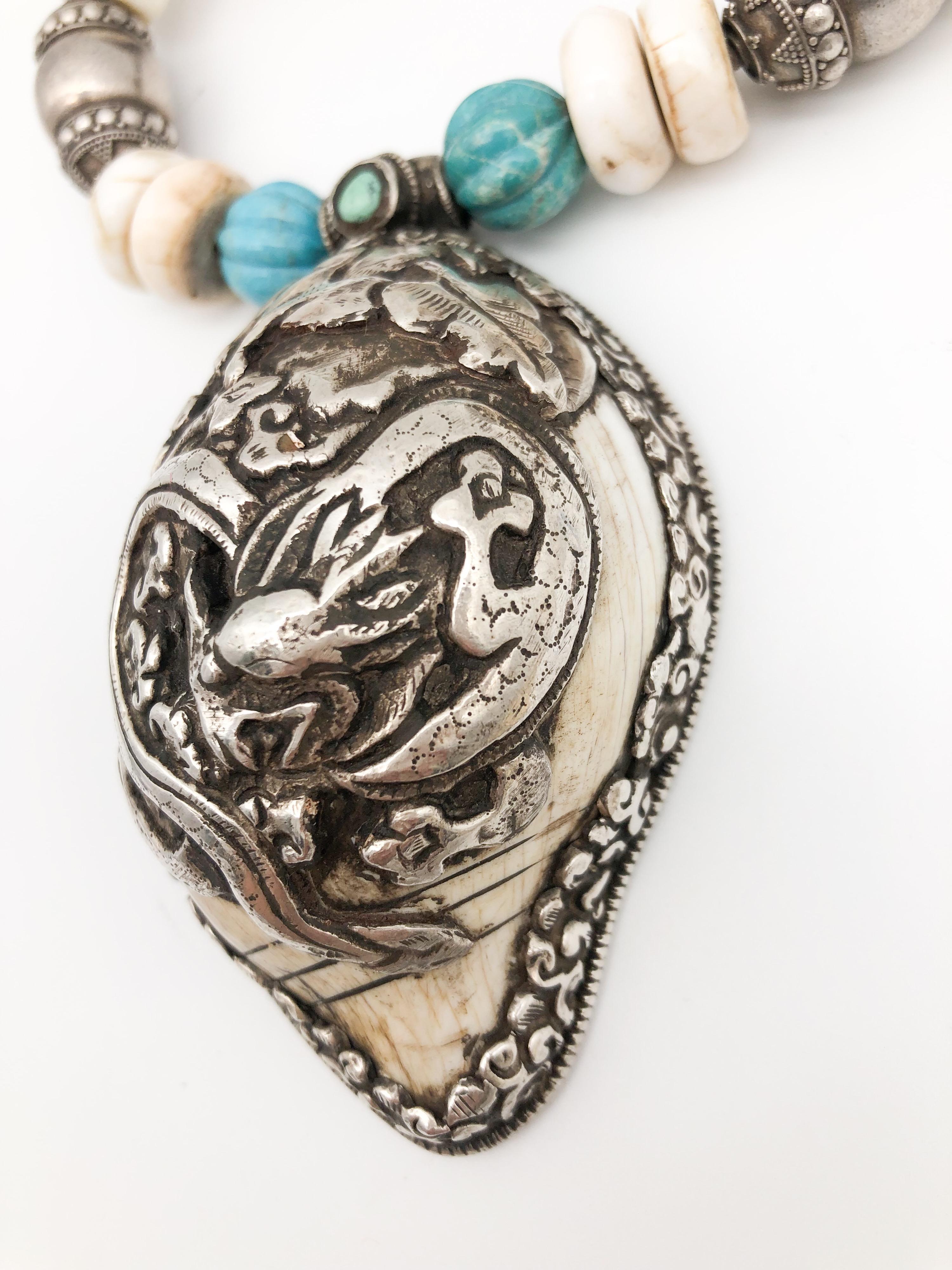 Mixed Cut A.Jeschel Sterling Silver Dragon Tibetan Pendant and Turquoise assorted beads For Sale