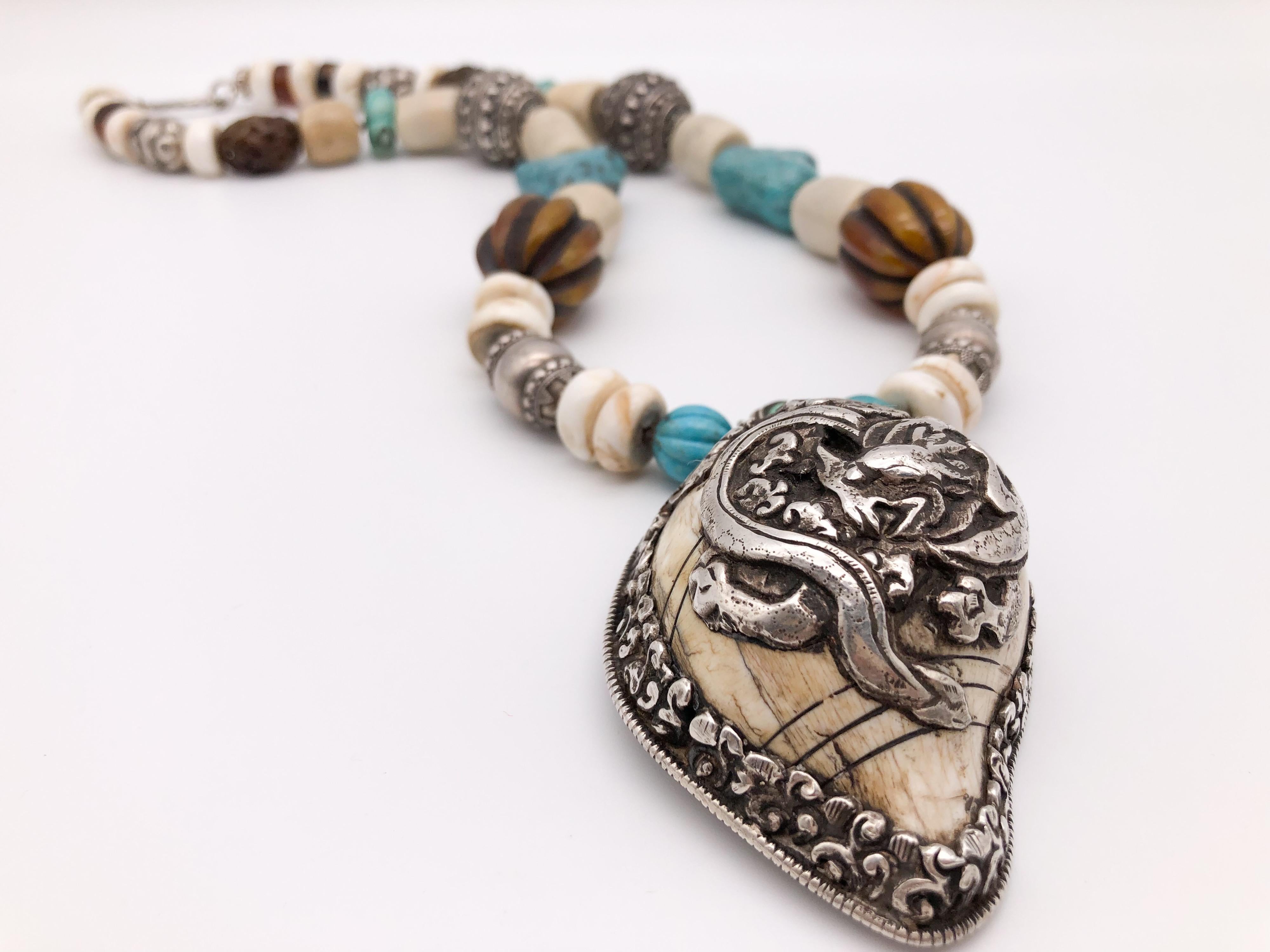 Women's A.Jeschel Sterling Silver Dragon Tibetan Pendant and Turquoise assorted beads For Sale