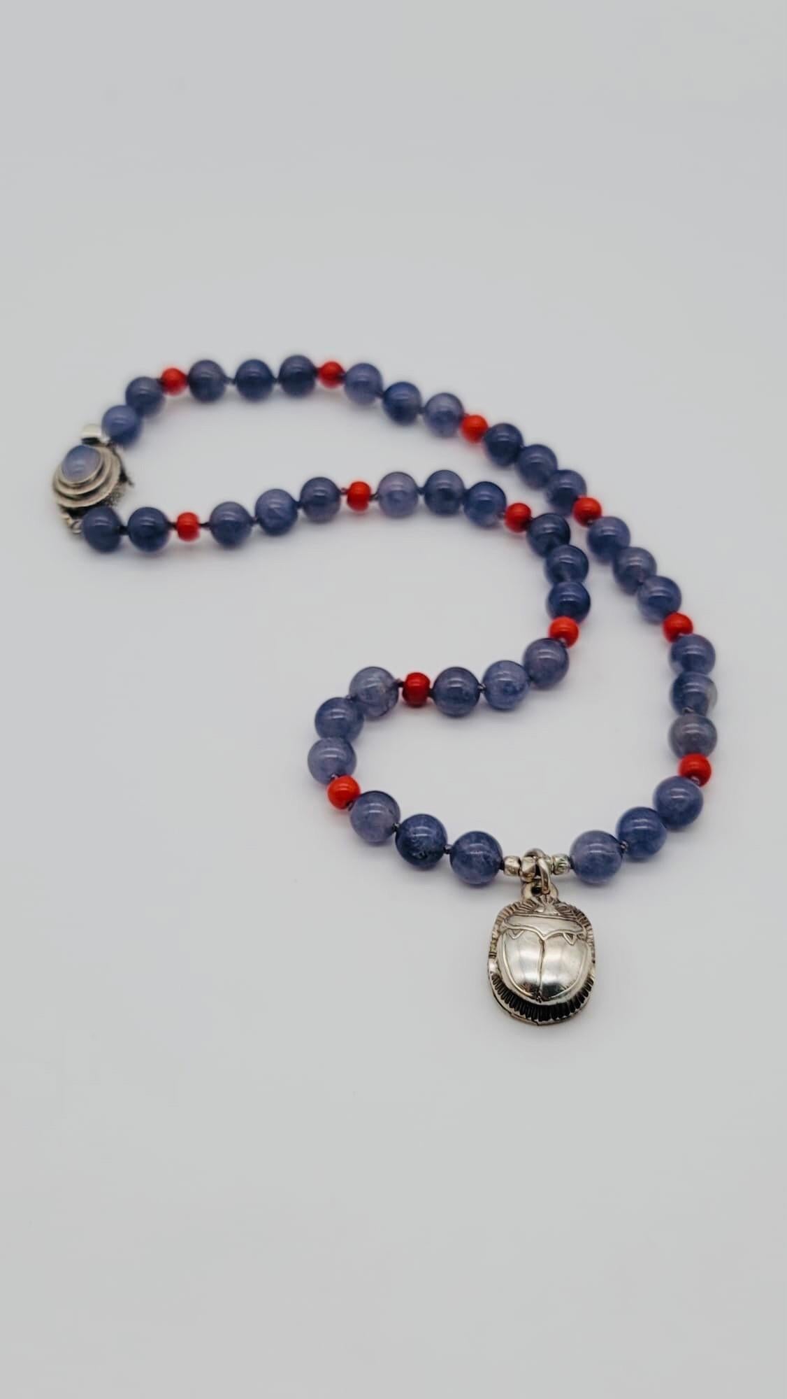 A.Jeschel Sterling silver Scarab supended from an Iolite and coral necklace For Sale 2