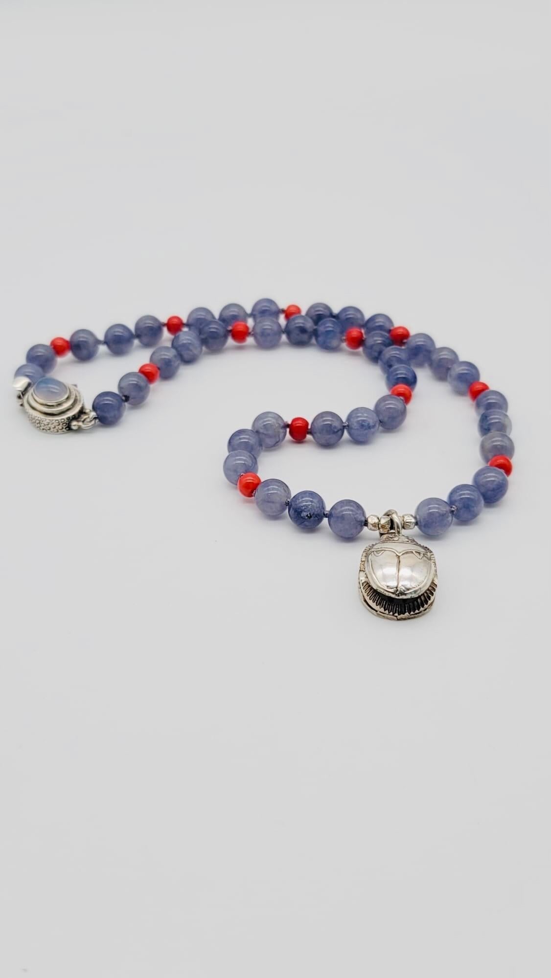 A.Jeschel Sterling silver Scarab supended from an Iolite and coral necklace For Sale 3
