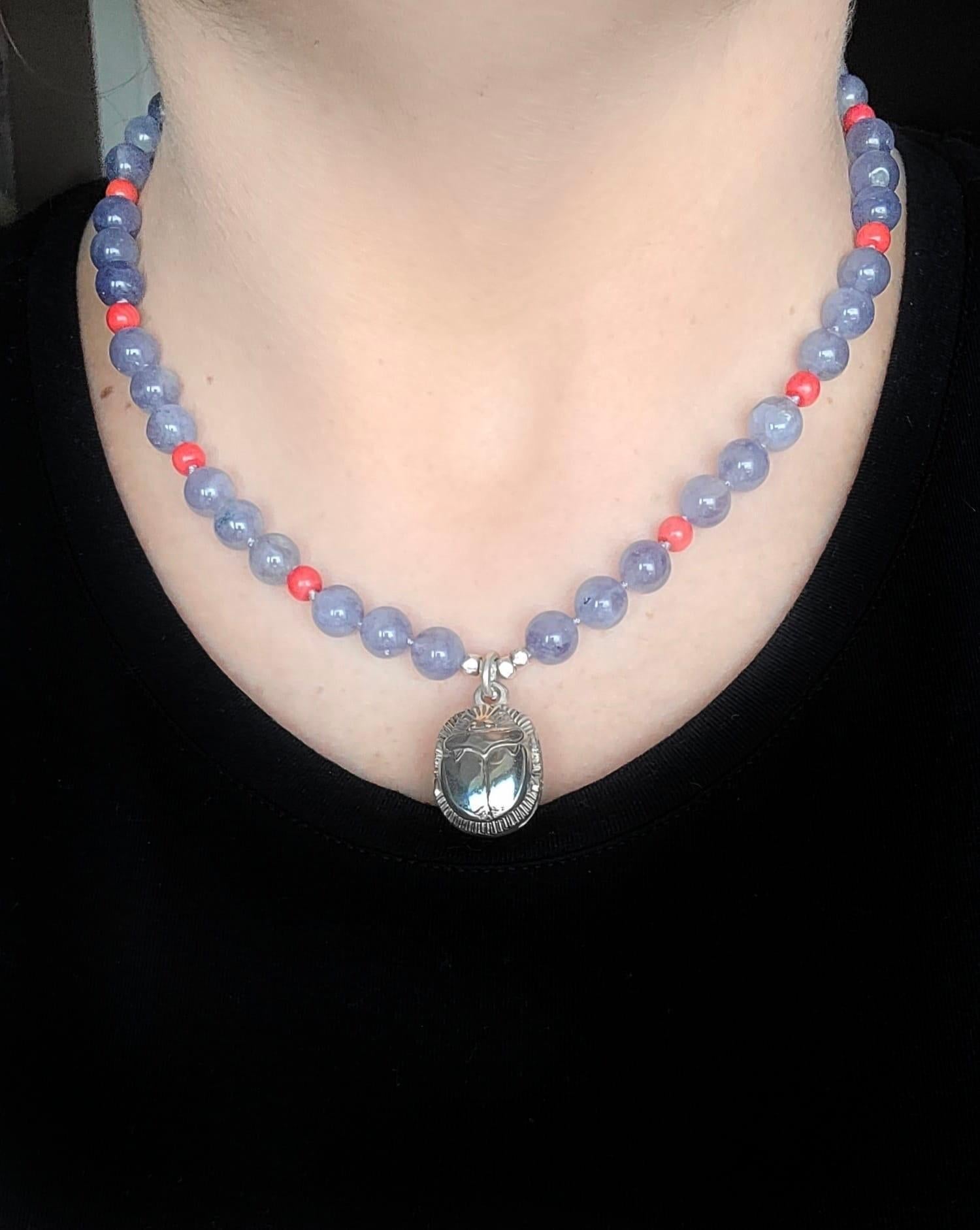 A.Jeschel Sterling silver Scarab supended from an Iolite and coral necklace For Sale 8