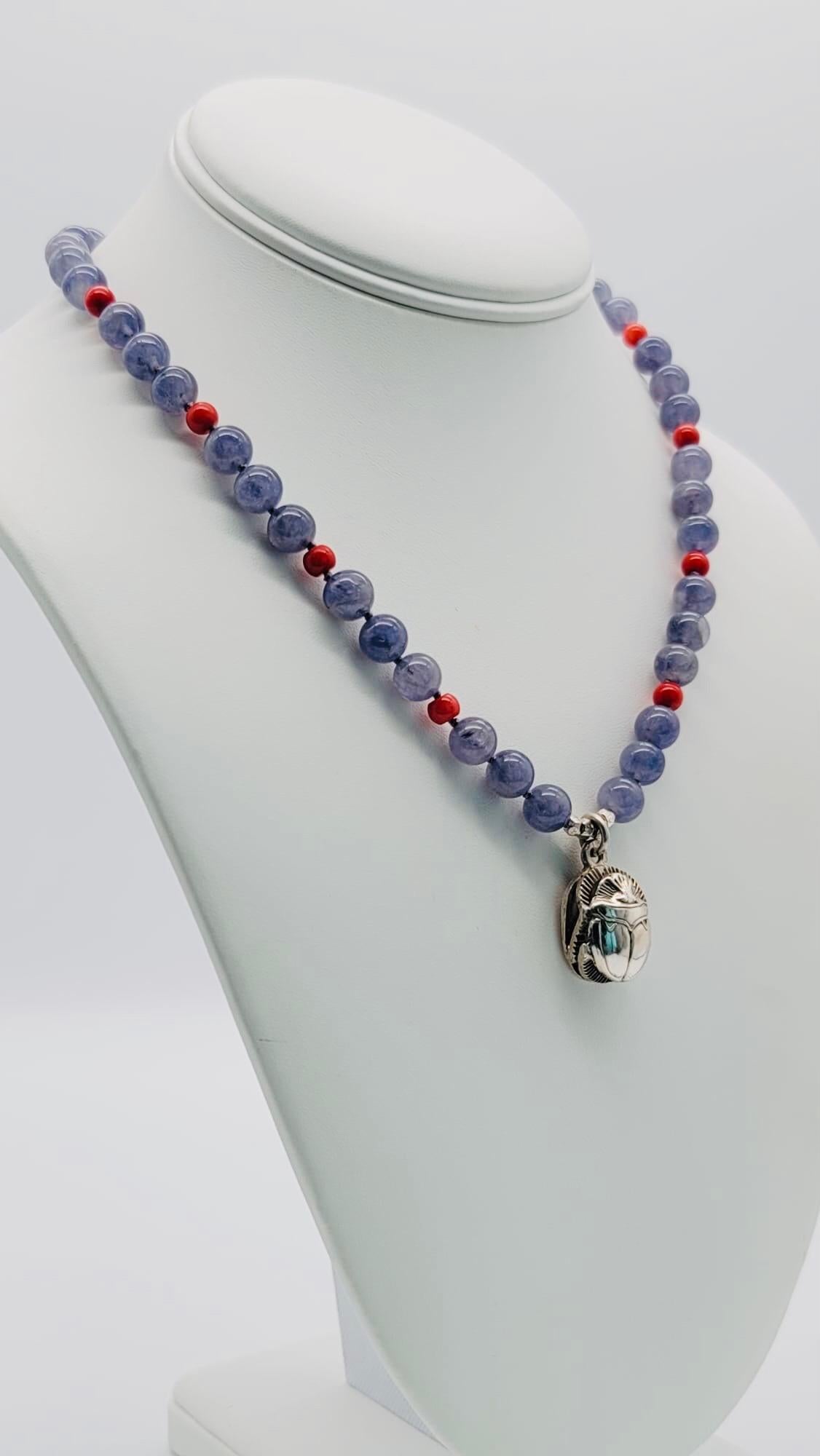 Mixed Cut A.Jeschel Sterling silver Scarab supended from an Iolite and coral necklace For Sale