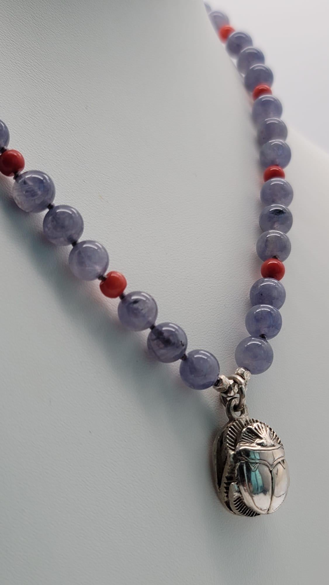 A.Jeschel Sterling silver Scarab supended from an Iolite and coral necklace In New Condition For Sale In Miami, FL