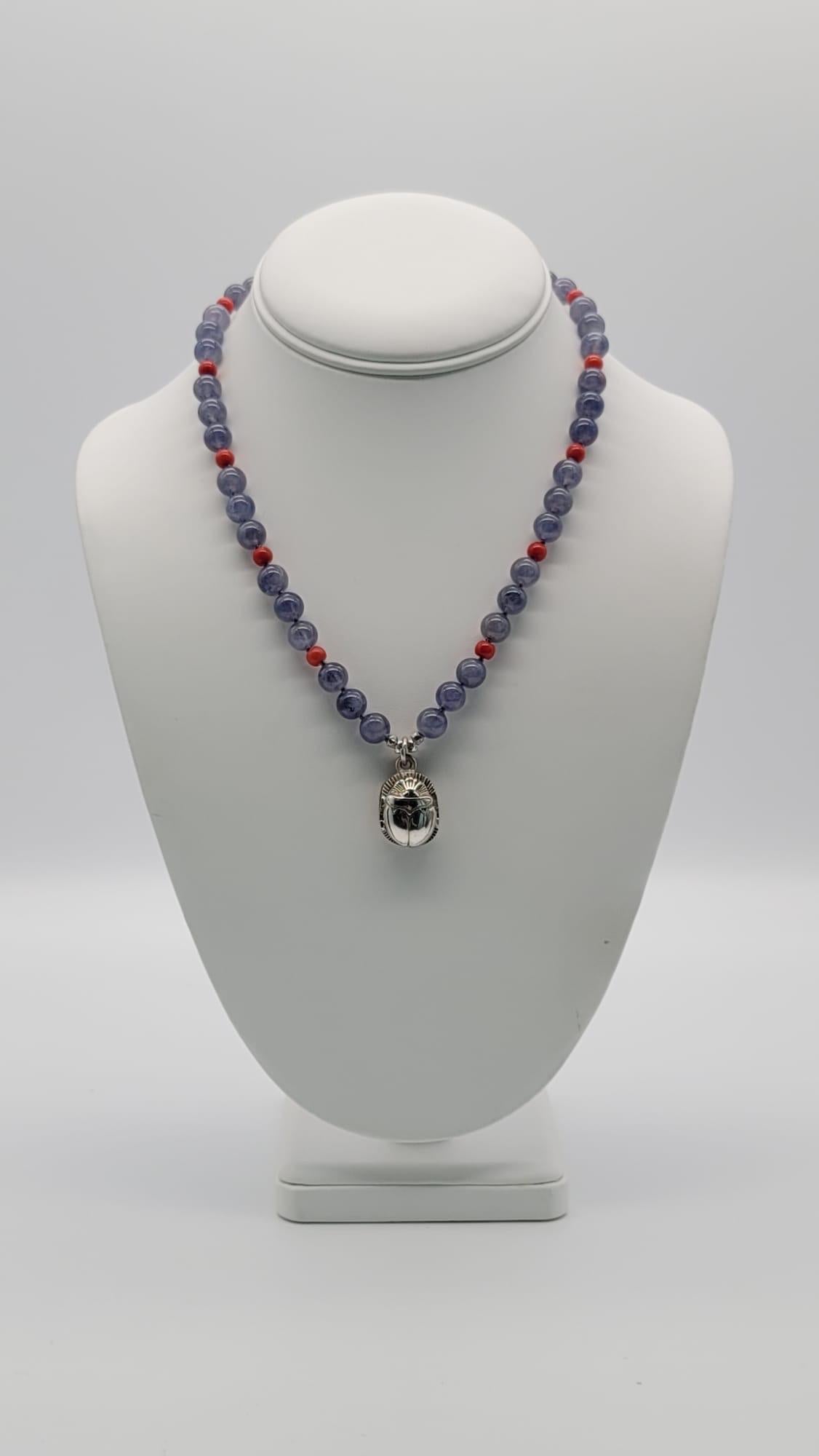 Women's A.Jeschel Sterling silver Scarab supended from an Iolite and coral necklace For Sale