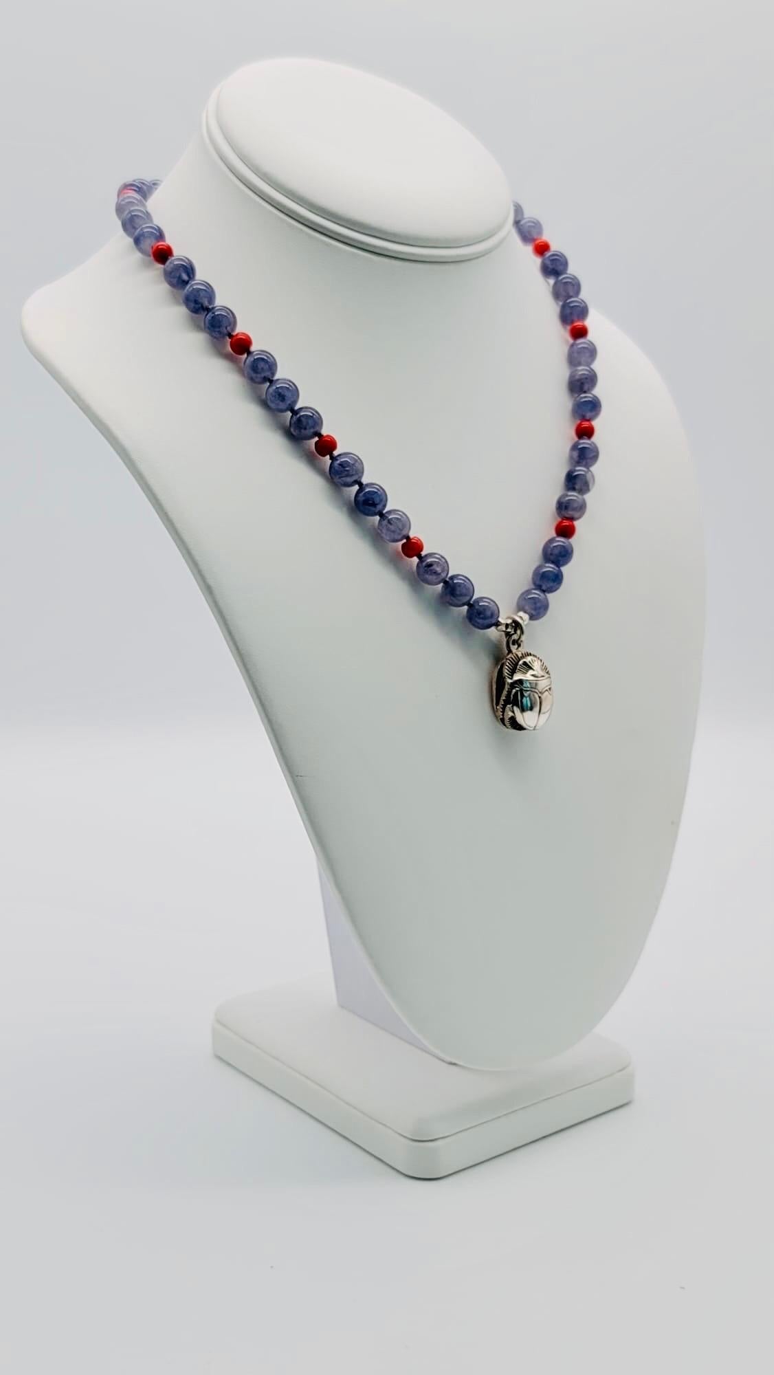 A.Jeschel Sterling silver Scarab supended from an Iolite and coral necklace For Sale 1