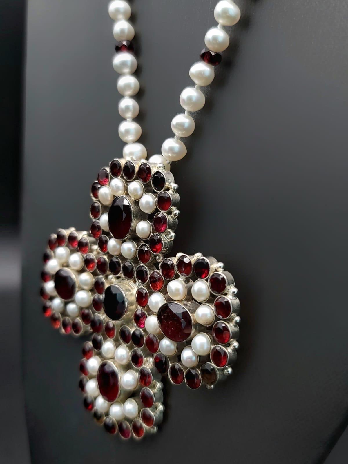 A.Jeschel Stunning Garnet and Pearl Cross Long Necklace. For Sale 5