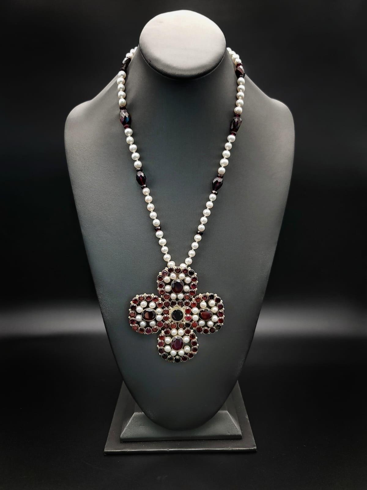 A.Jeschel Stunning Garnet and Pearl Cross Long Necklace. For Sale 7