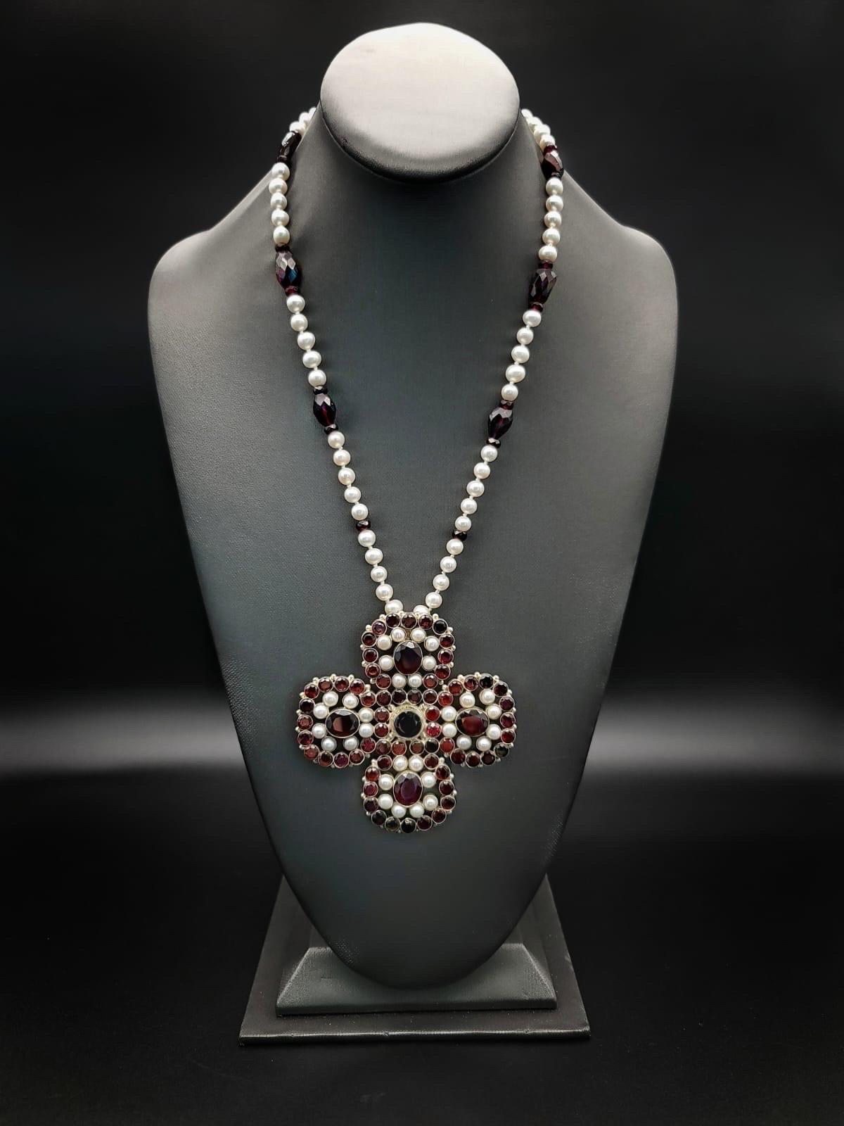 A.Jeschel Stunning Pyrope Garnet and Pearl Cross Long Necklace. in vendita 7