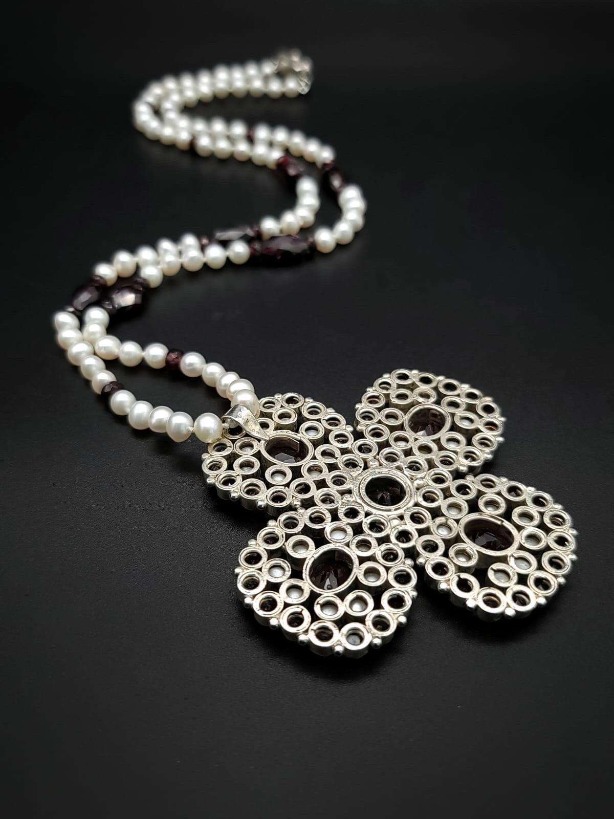 A.Jeschel Stunning Garnet and Pearl Cross Long Necklace. For Sale 8
