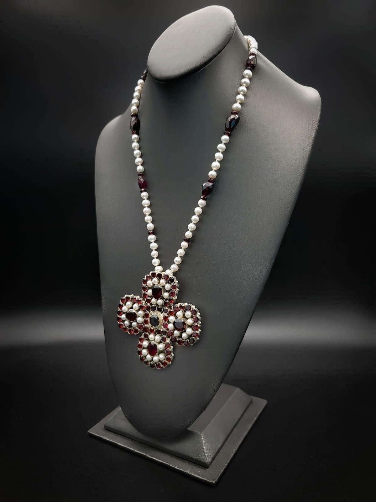 Contemporary A.Jeschel Stunning Garnet and Pearl Cross Long Necklace. For Sale
