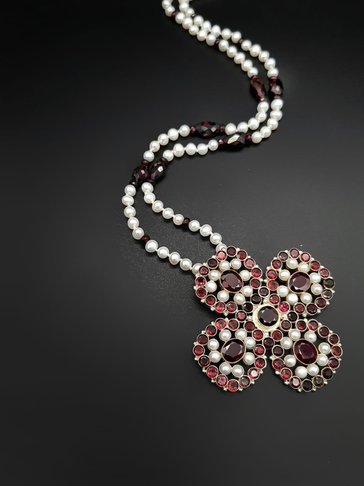 A.Jeschel Stunning Garnet and Pearl Cross Long Necklace. In New Condition For Sale In Miami, FL