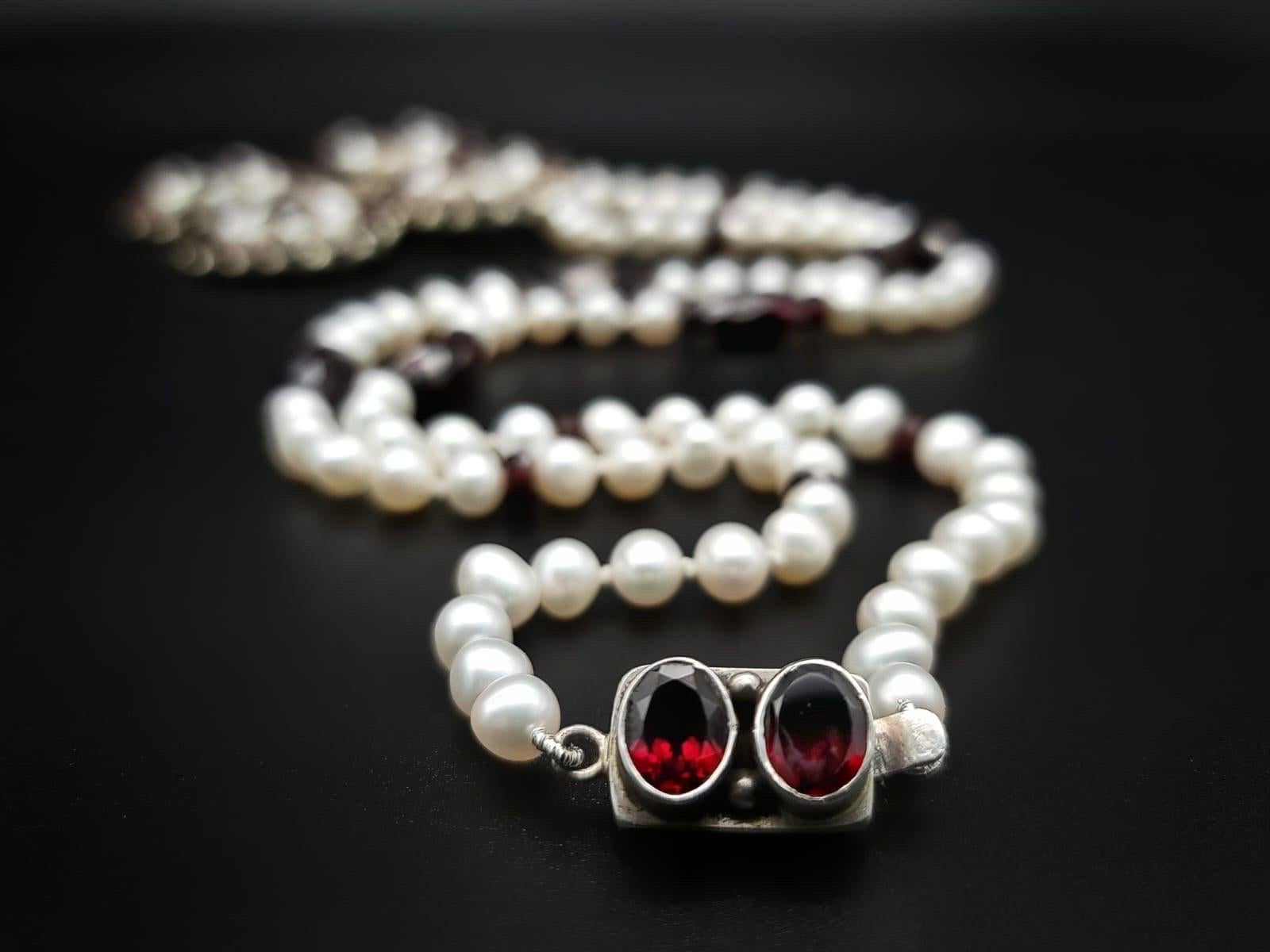 A.Jeschel Stunning Garnet and Pearl Cross Long Necklace. For Sale 2