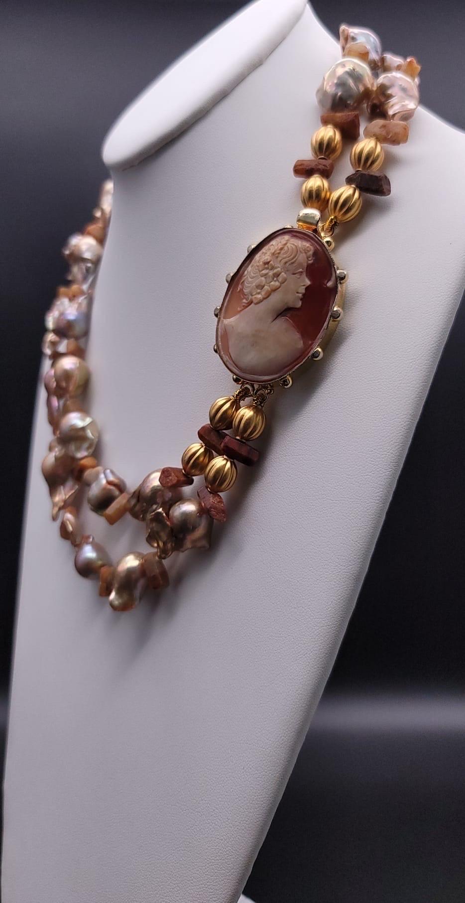 A.Jeschel Stunning Gold Baroque Pearl necklace with an Italian cameo side clasp. 5