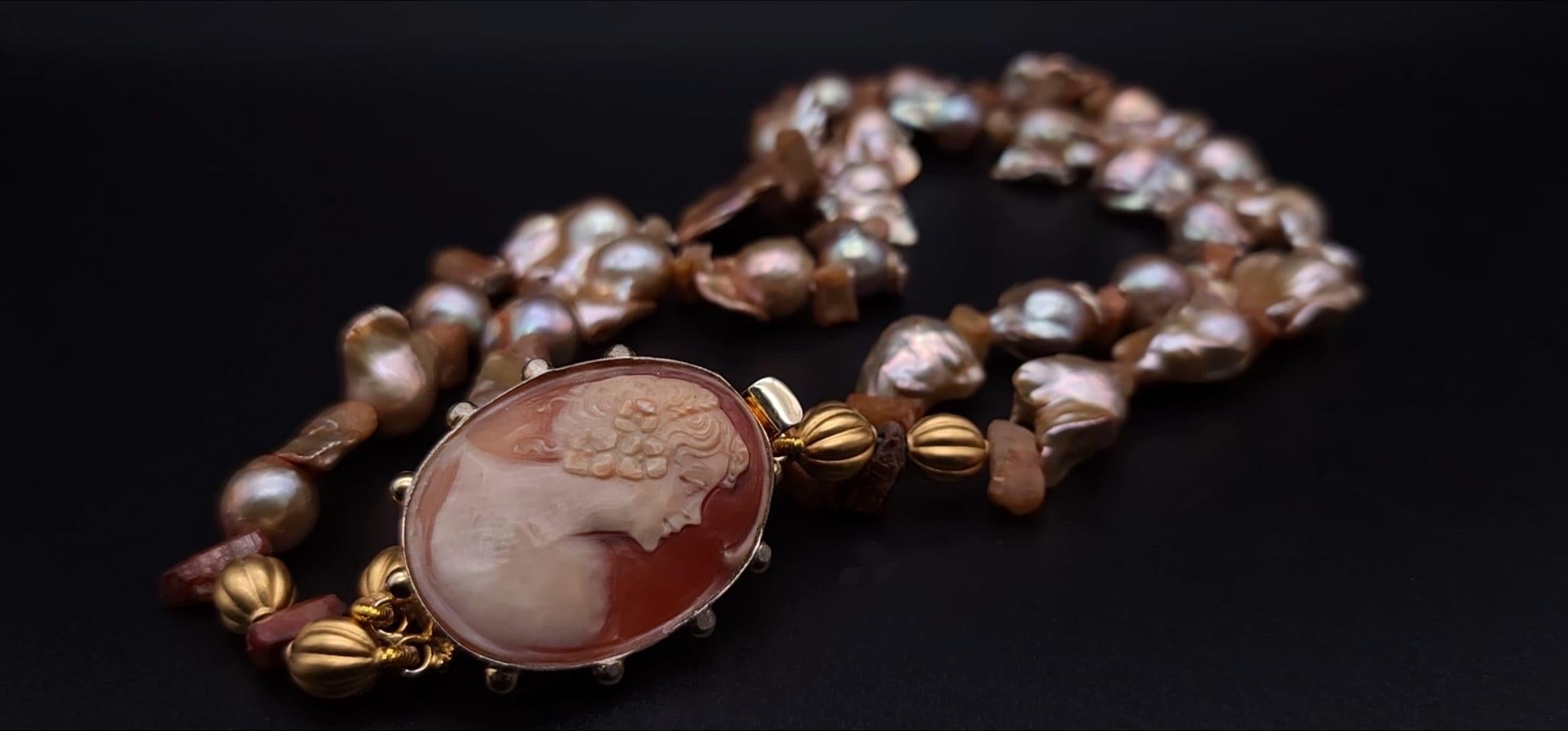 A.Jeschel Stunning Gold Baroque Pearl necklace with an Italian cameo side clasp. 6
