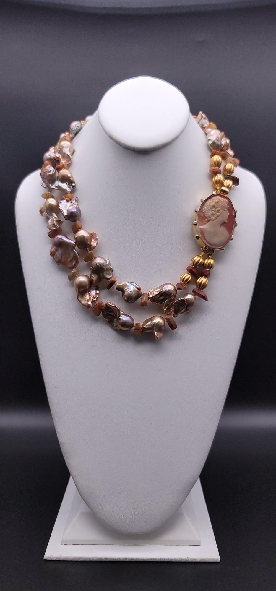 A.Jeschel Stunning Gold Baroque Pearl necklace with an Italian cameo side clasp. For Sale 7