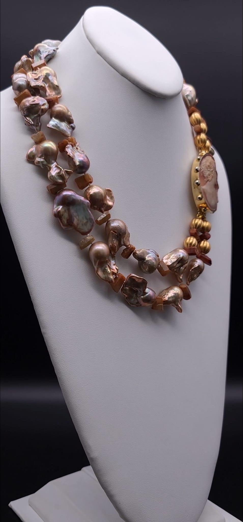 A.Jeschel Stunning Gold Baroque Pearl necklace with an Italian cameo side clasp. 9