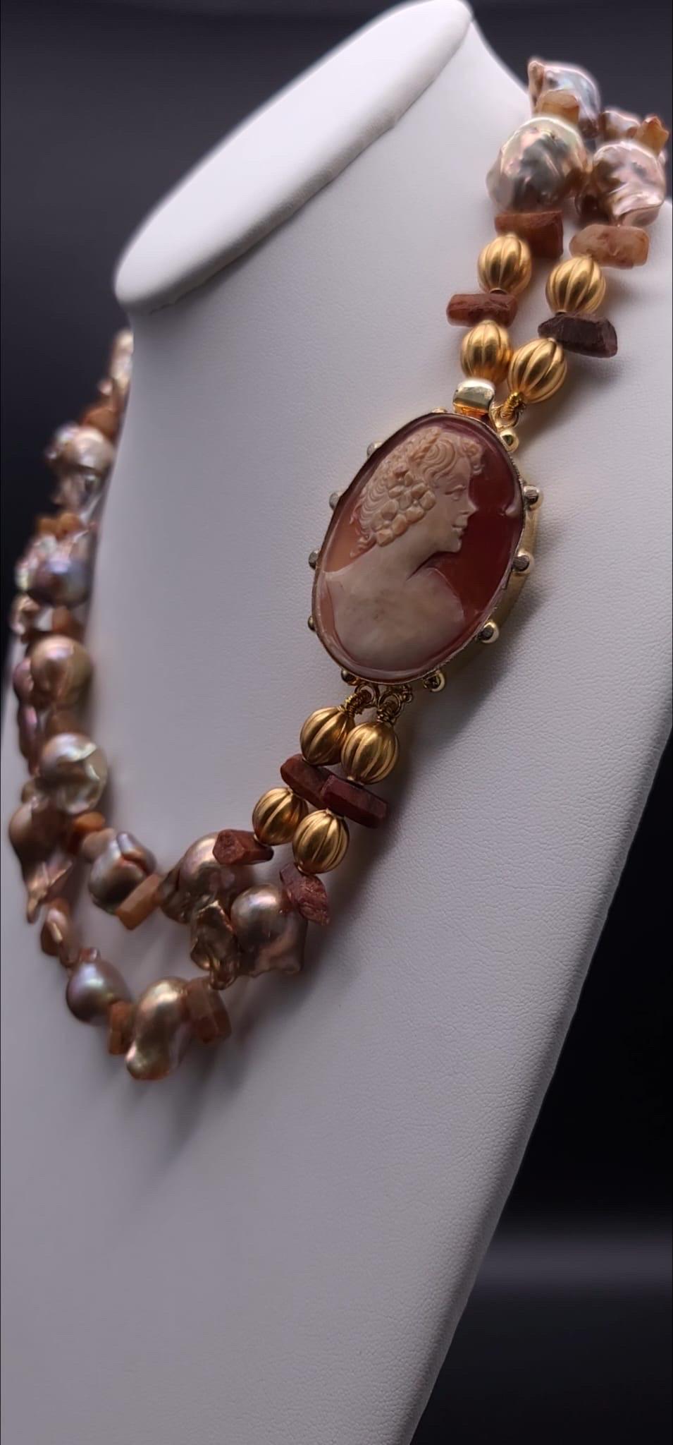 A.Jeschel Stunning Gold Baroque Pearl necklace with an Italian cameo side clasp. 13