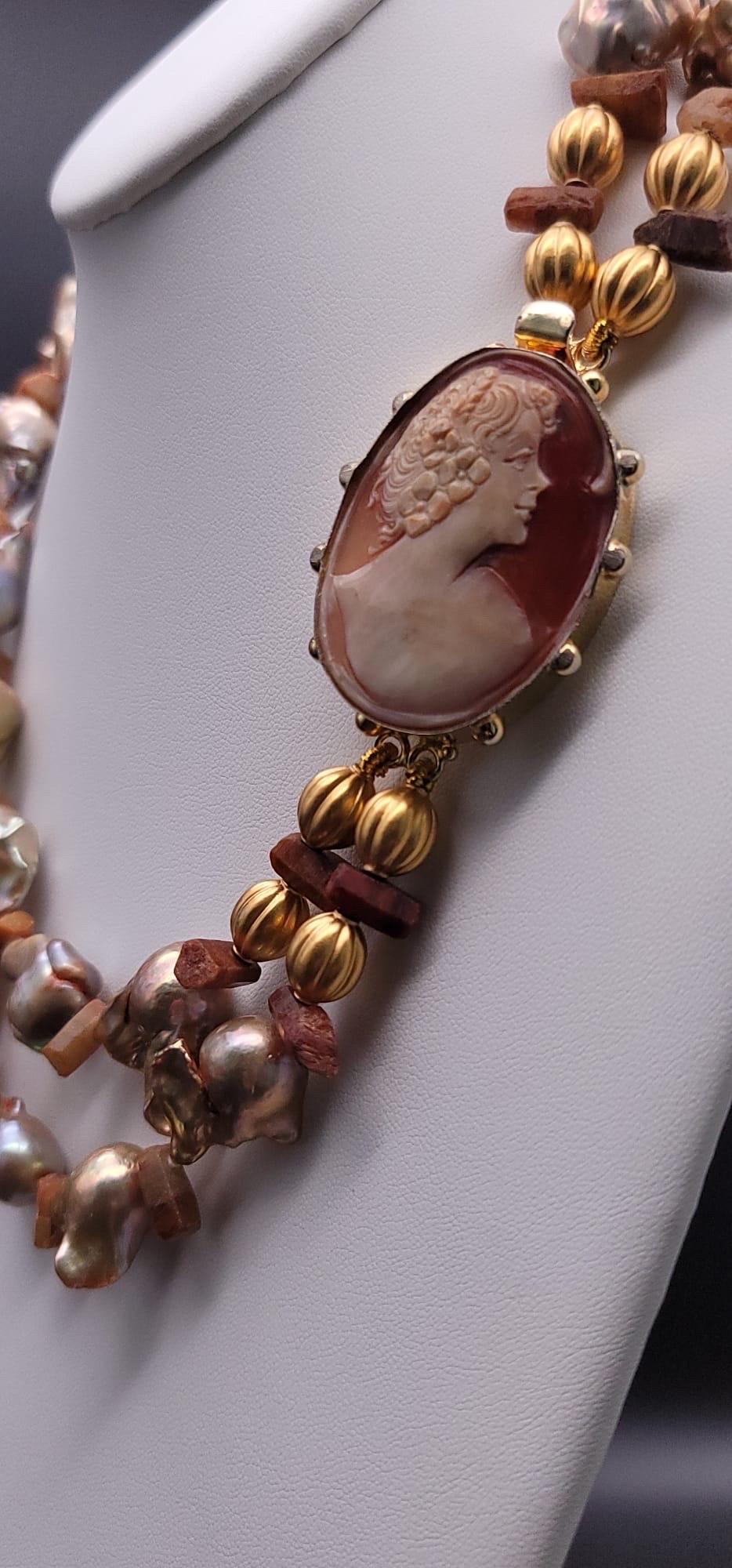 Mixed Cut A.Jeschel Stunning Gold Baroque Pearl necklace with an Italian cameo side clasp.