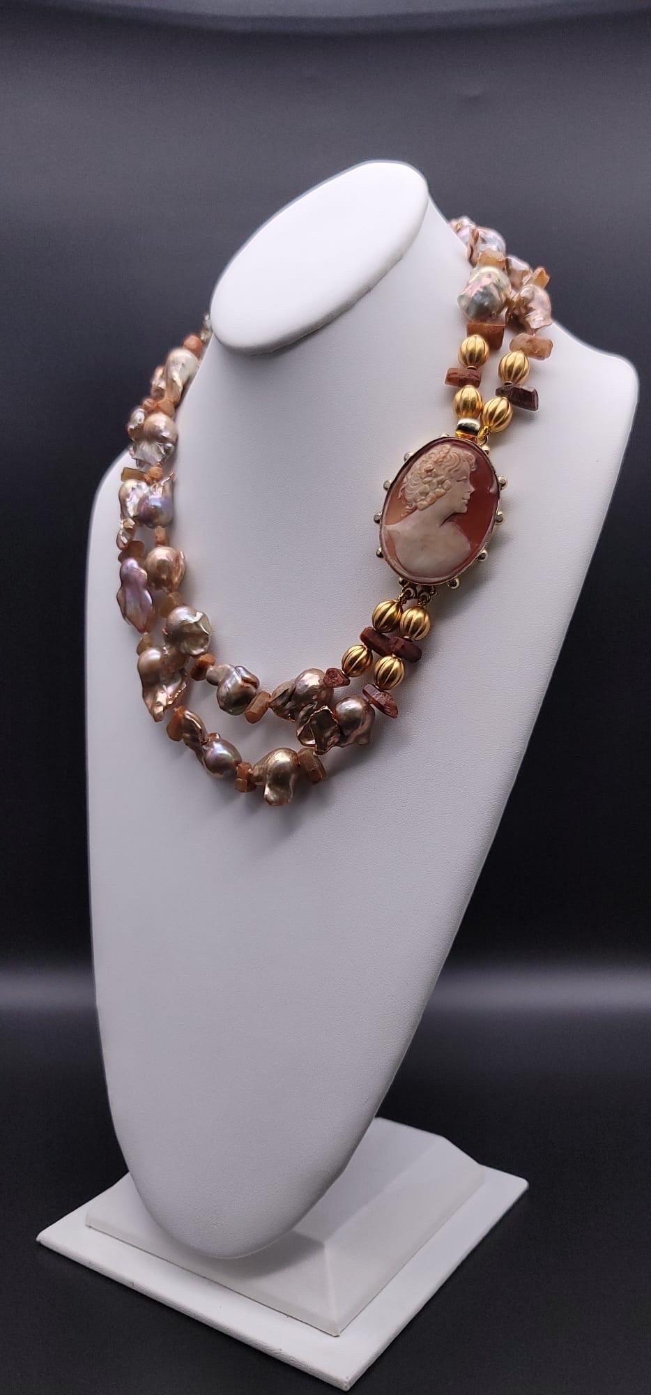 Women's or Men's A.Jeschel Stunning Gold Baroque Pearl necklace with an Italian cameo side clasp.
