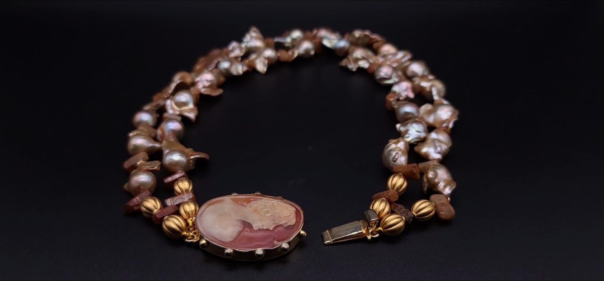 A.Jeschel Stunning Gold Baroque Pearl necklace with an Italian cameo side clasp. For Sale 3
