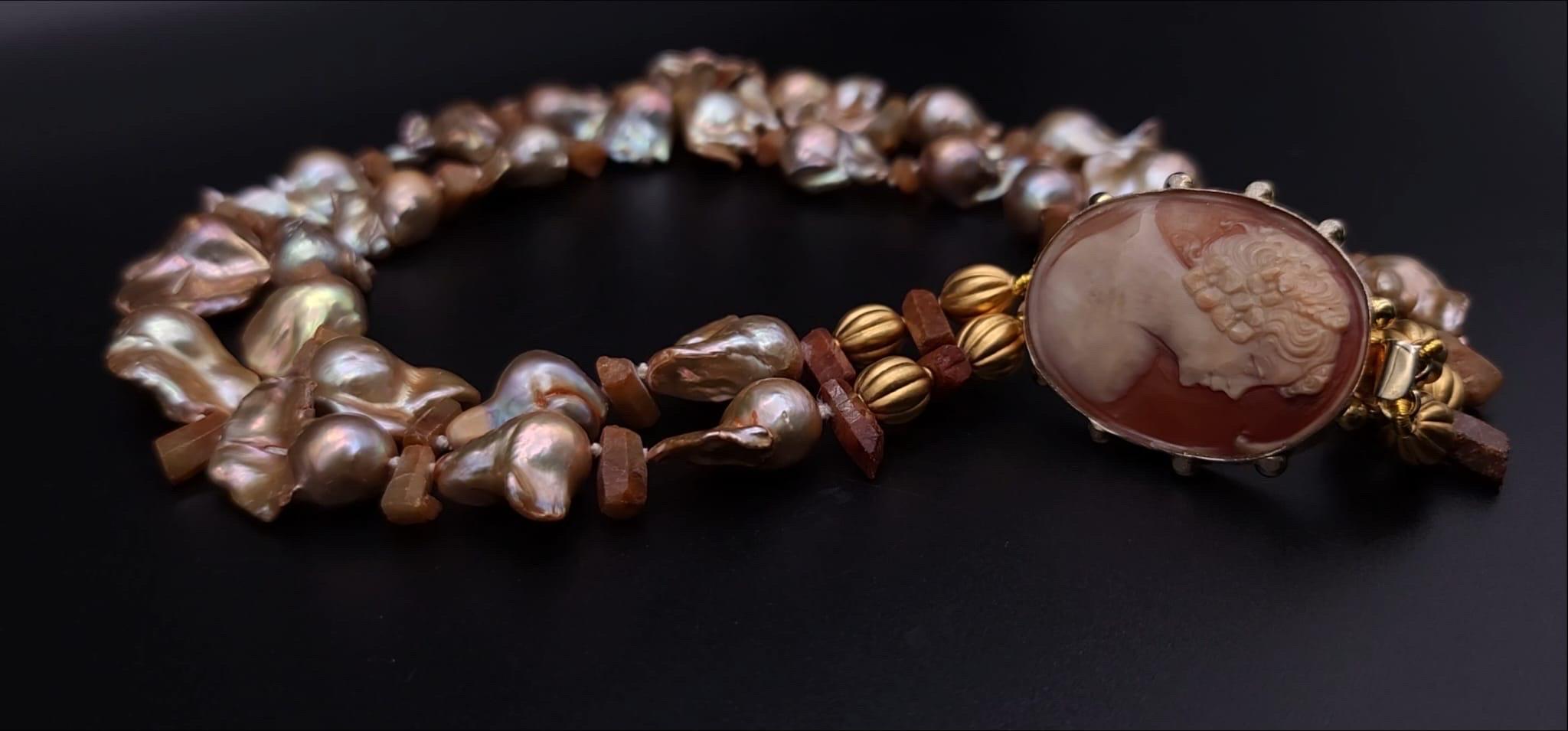 A.Jeschel Stunning Gold Baroque Pearl necklace with an Italian cameo side clasp. 4