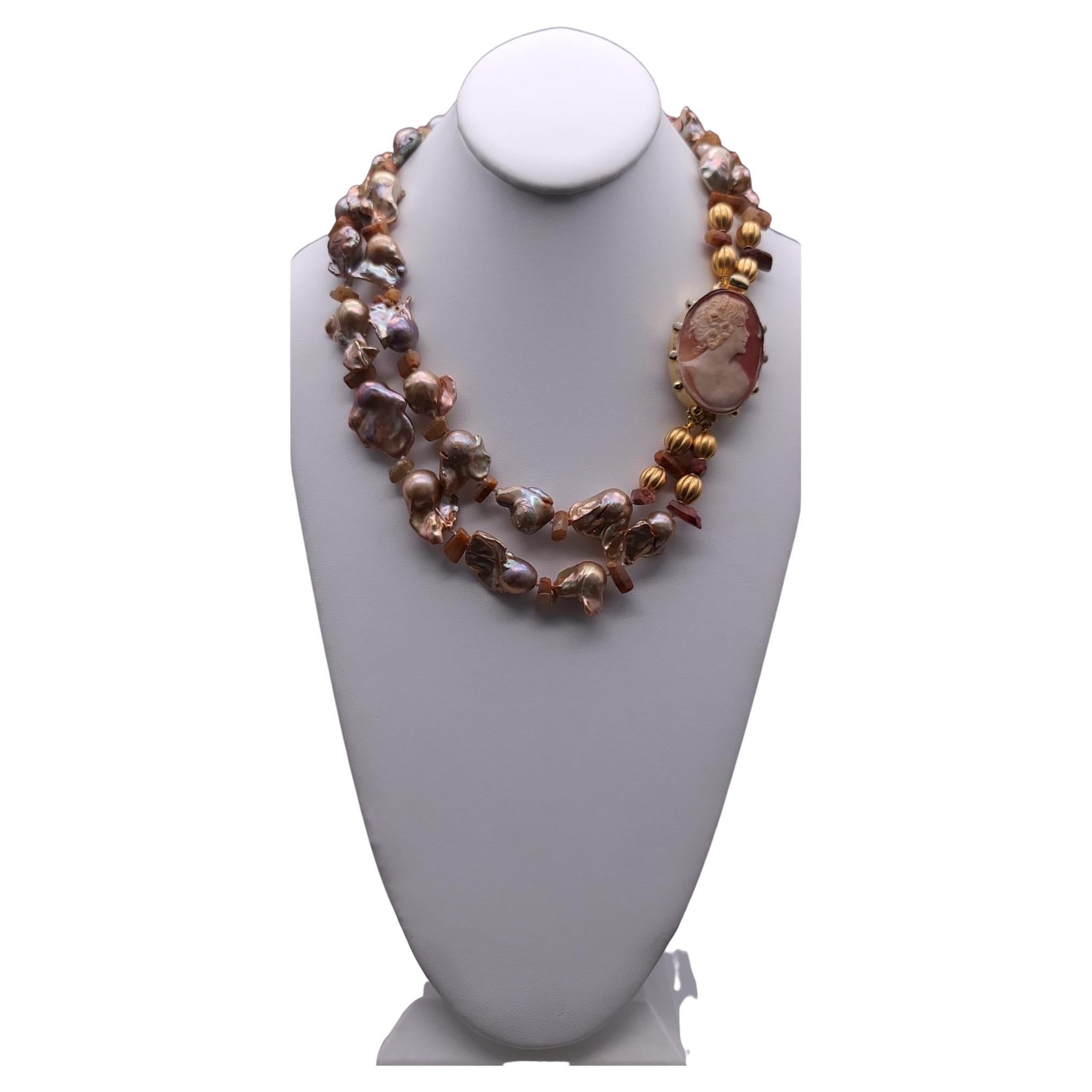 A.Jeschel Stunning Gold Baroque Pearl necklace with an Italian cameo side clasp.