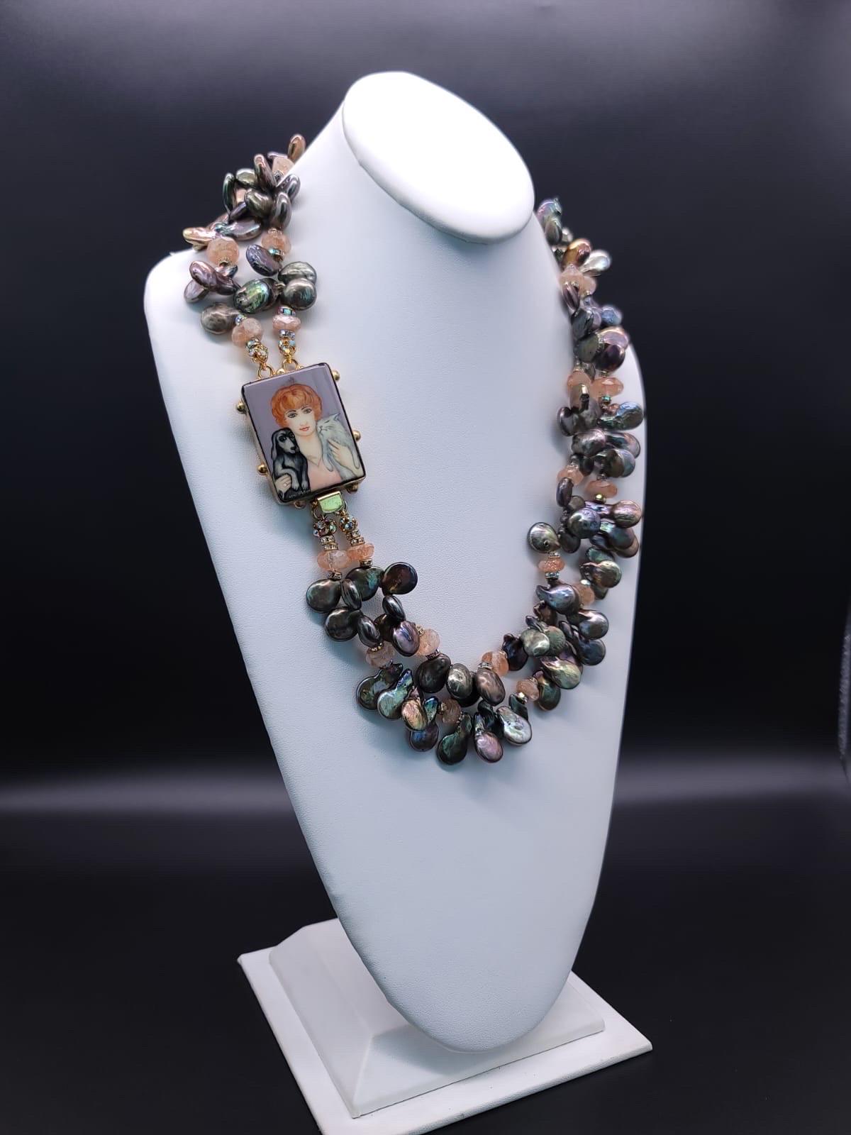 Contemporary A.Jeschel Stunning Grey Pearl necklace wit an Art Deco clasp. For Sale