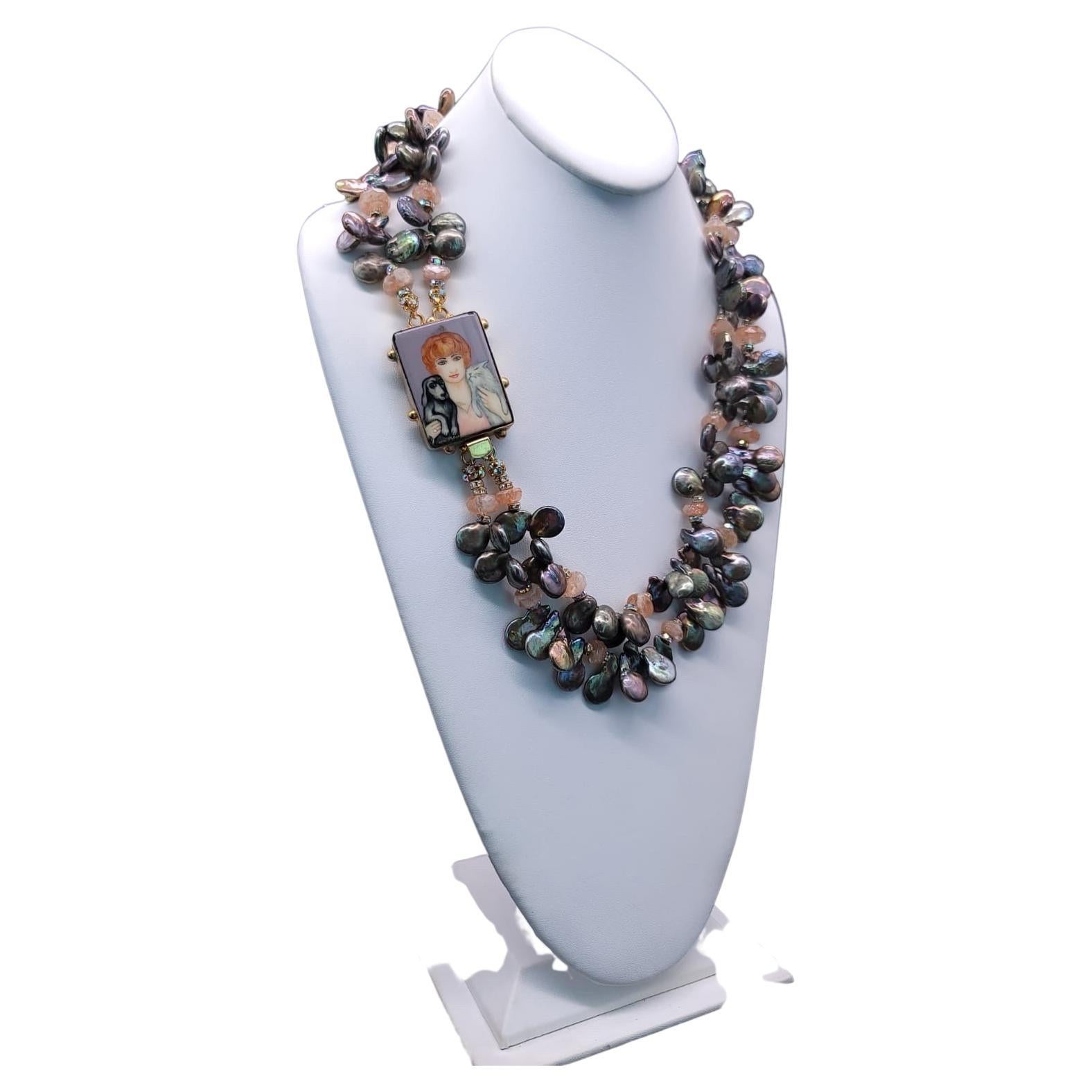 A.Jeschel Atemberaubende graue Perlenkette mit Art-déco-Verschluss. im Angebot