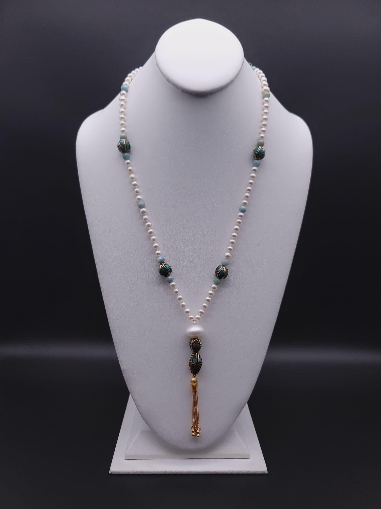 A.Jeschel Stunning Long Pearls and Amazonite necklace For Sale 9