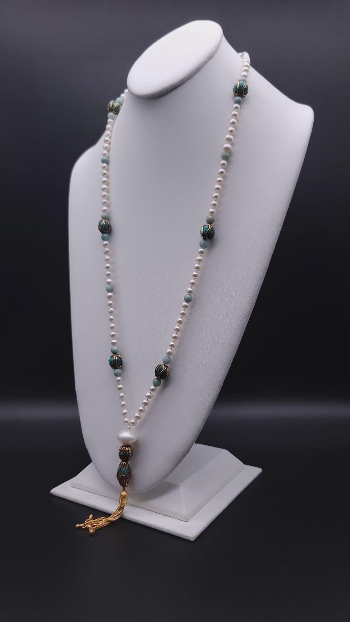 A.Jeschel Stunning Long Pearls and Amazonite necklace For Sale 12
