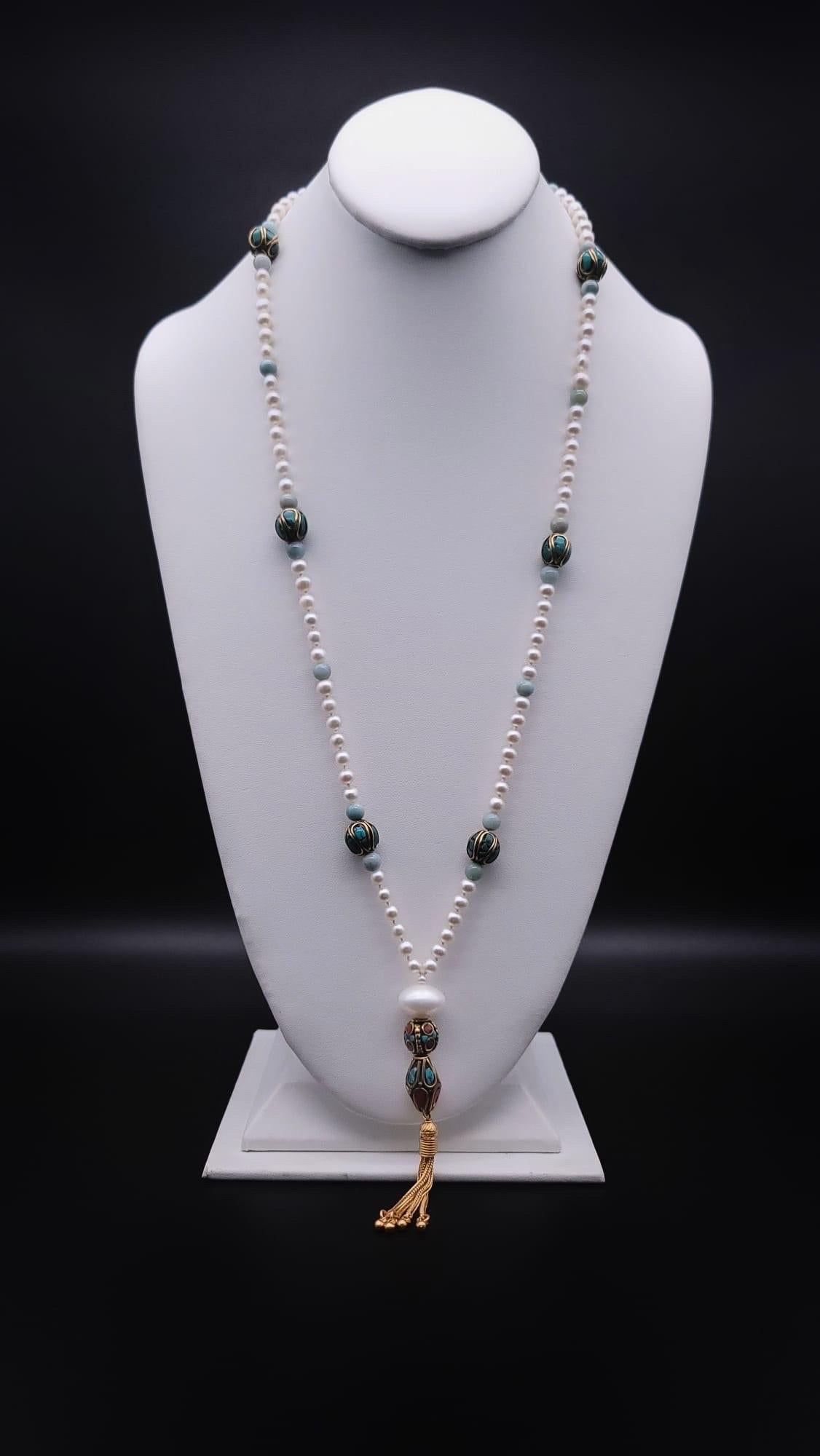 A.Jeschel Stunning Long Pearls and Amazonite necklace For Sale 13
