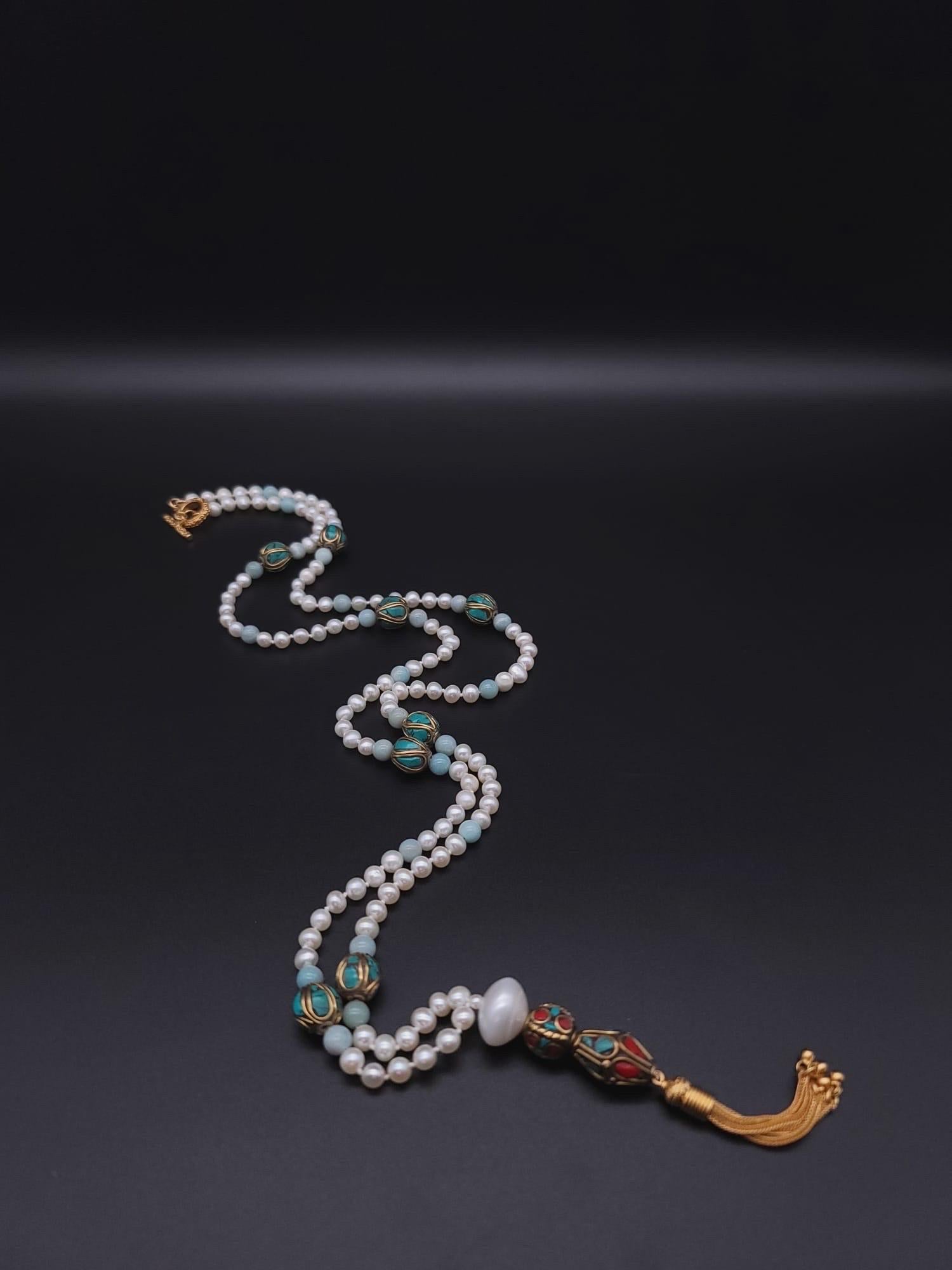 A.Jeschel Stunning Long Pearls and Amazonite necklace For Sale 14