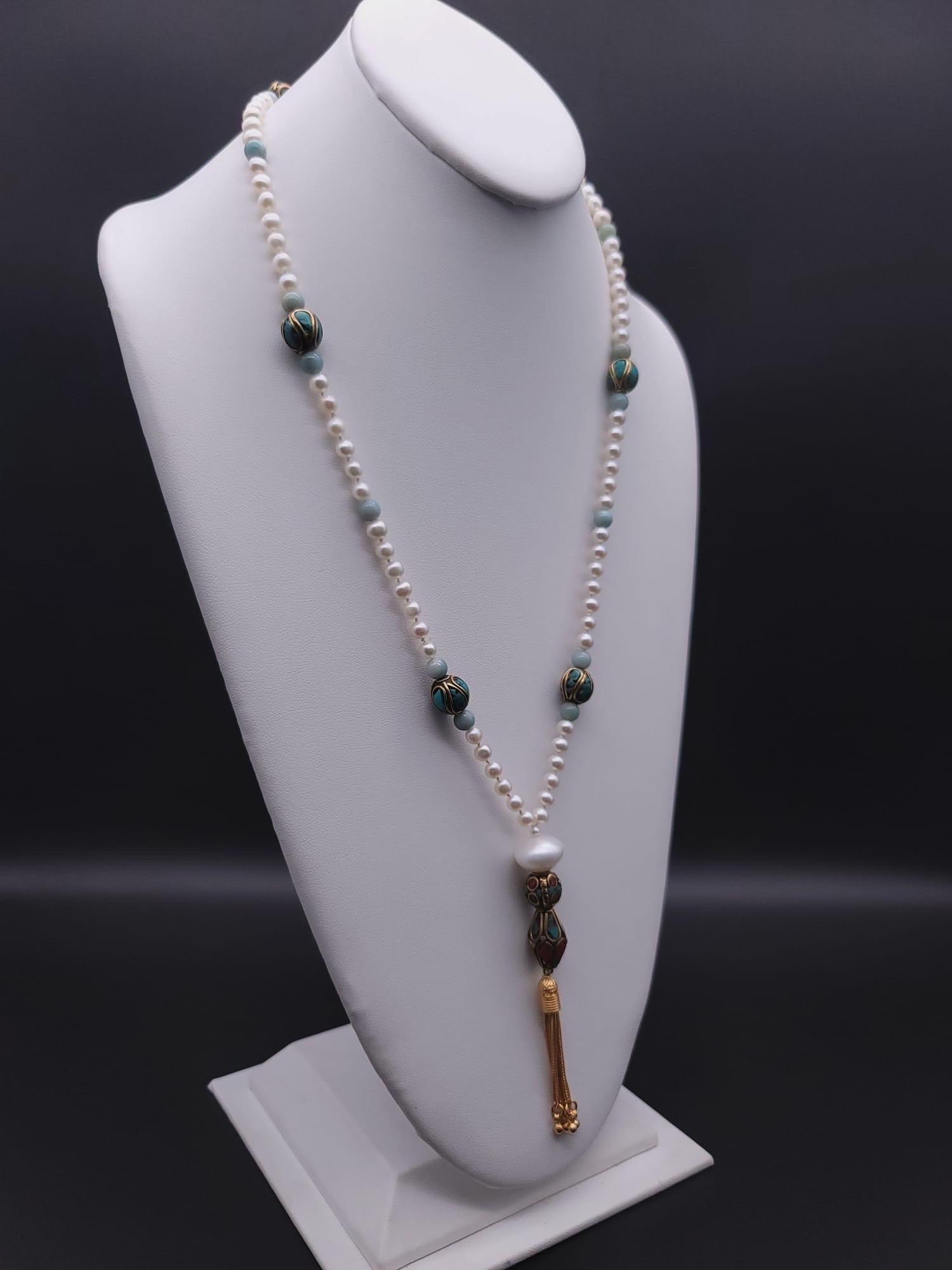 Bead A.Jeschel Stunning Long Pearls and Amazonite necklace For Sale