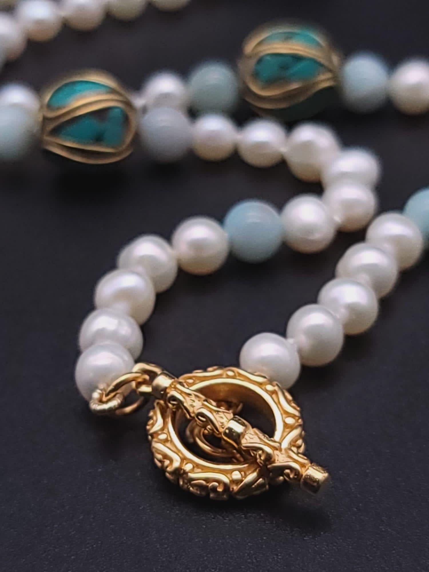 Women's A.Jeschel Stunning Long Pearls and Amazonite necklace For Sale