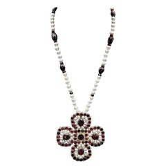 A.Jeschel Stunning Pyrope Garnet and Pearl Cross Long Necklace.