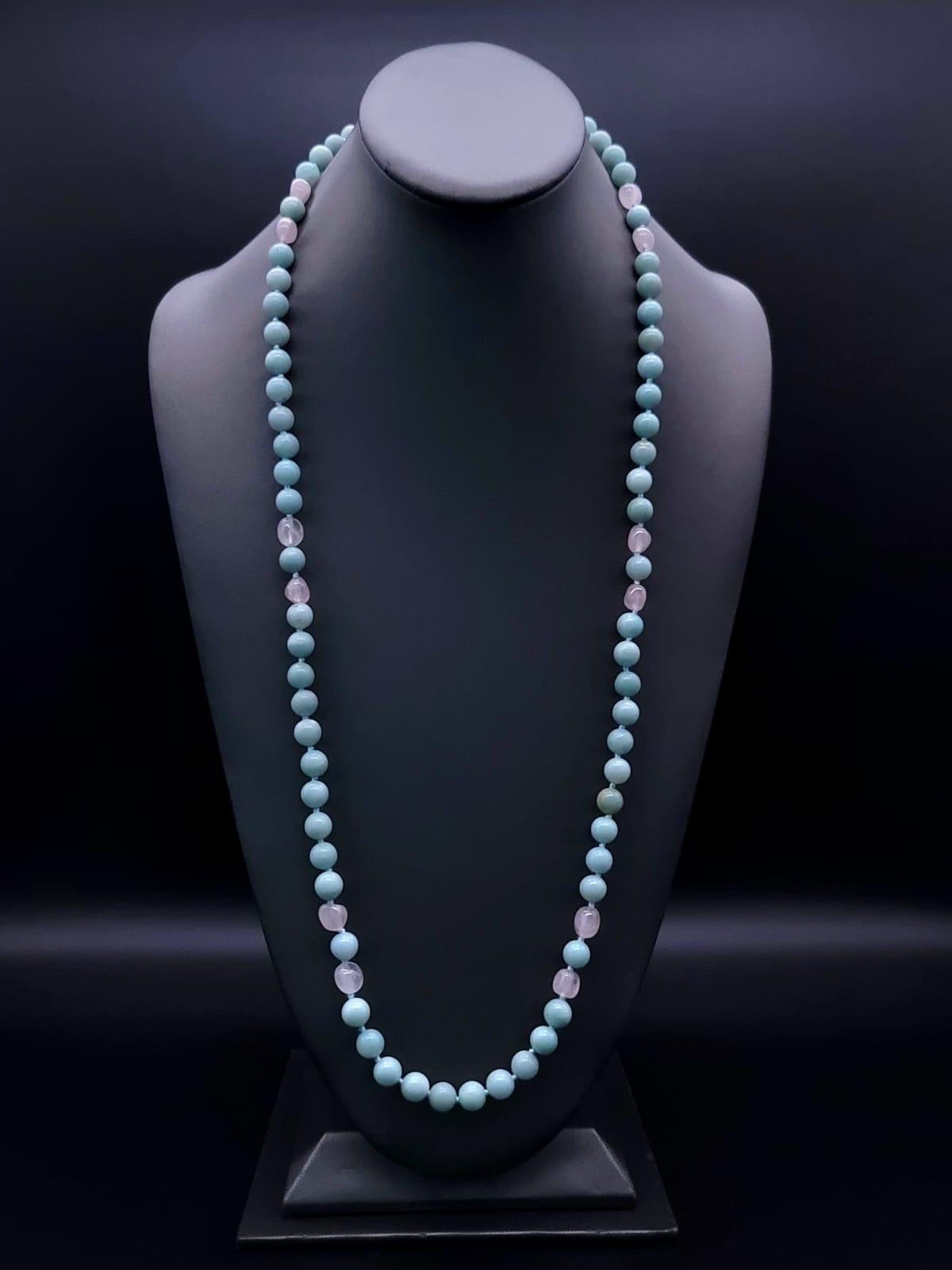 A.Jeschel Stylish Amazonite and Rose Quartz long necklace. For Sale 6