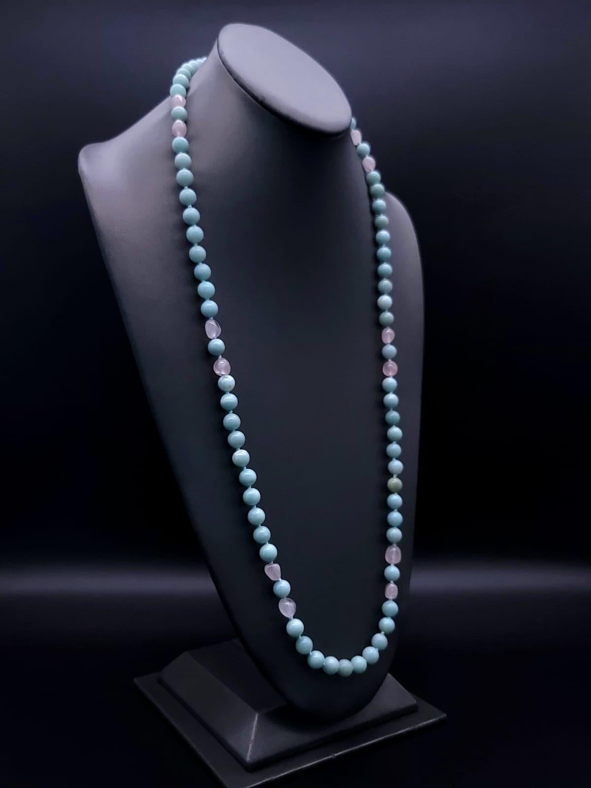 Stilvolle lange Halskette aus Amazonit und Rosenquarz von A.Jeschel. (Zeitgenössisch) im Angebot