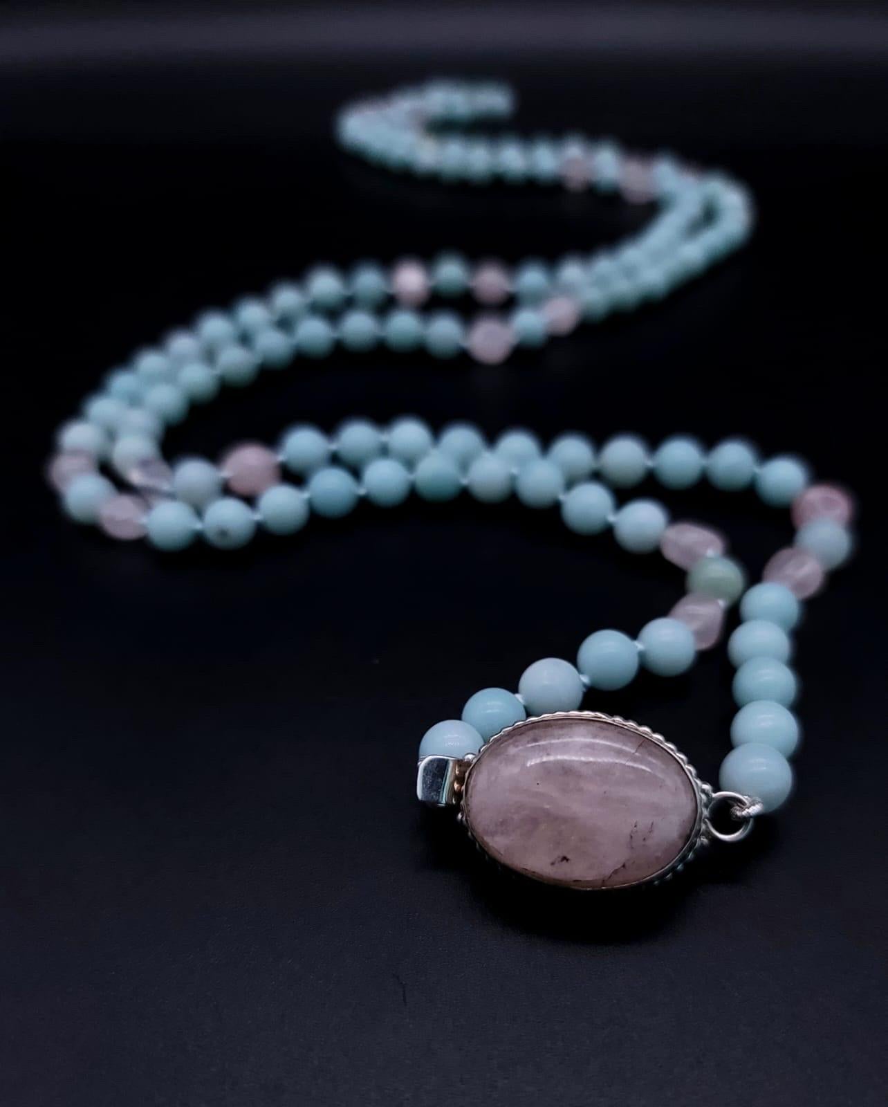 A.Jeschel Stylish Amazonite and Rose Quartz long necklace. In New Condition For Sale In Miami, FL