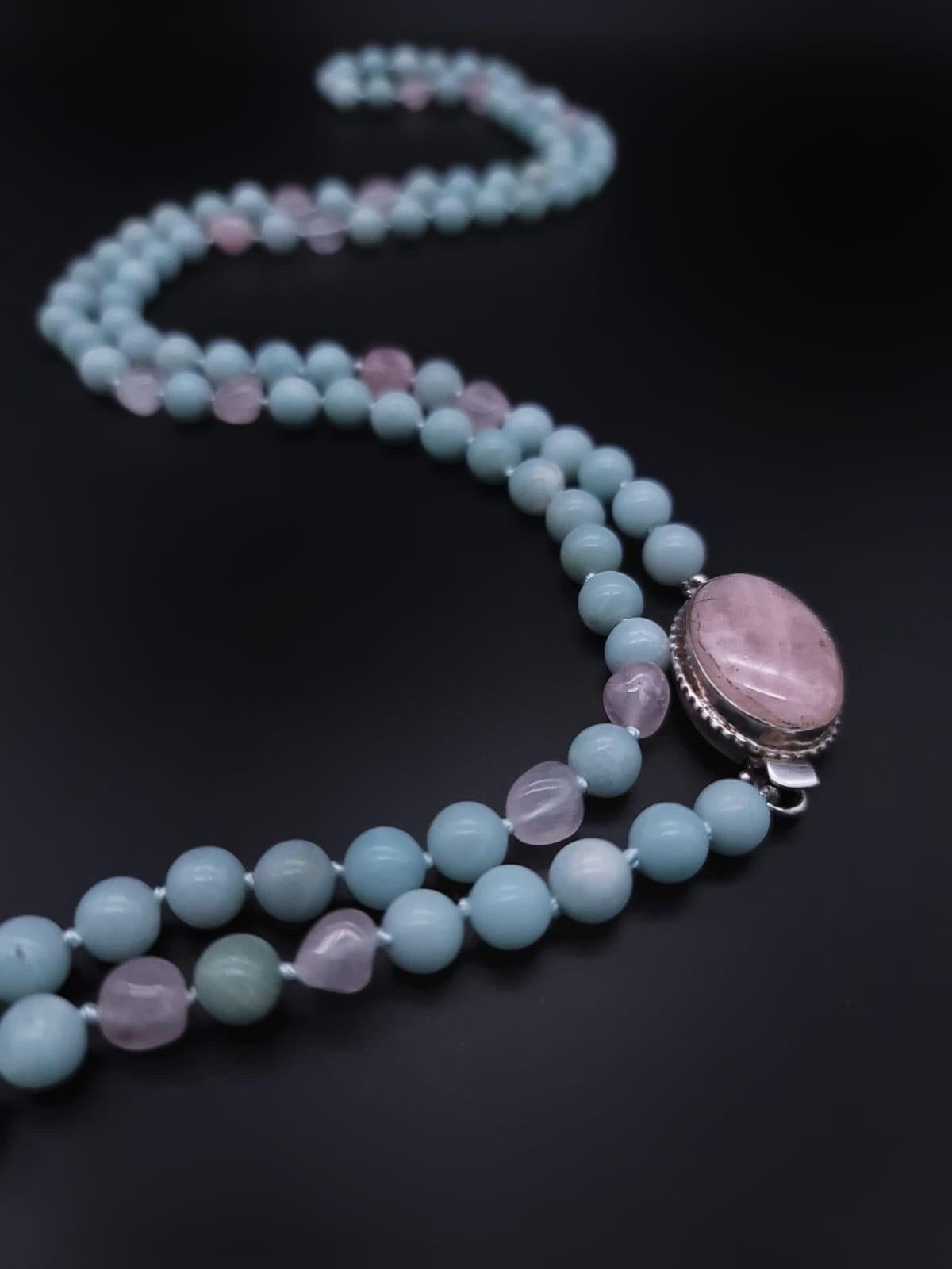 A.Jeschel Stylish Amazonite and Rose Quartz long necklace. For Sale 2