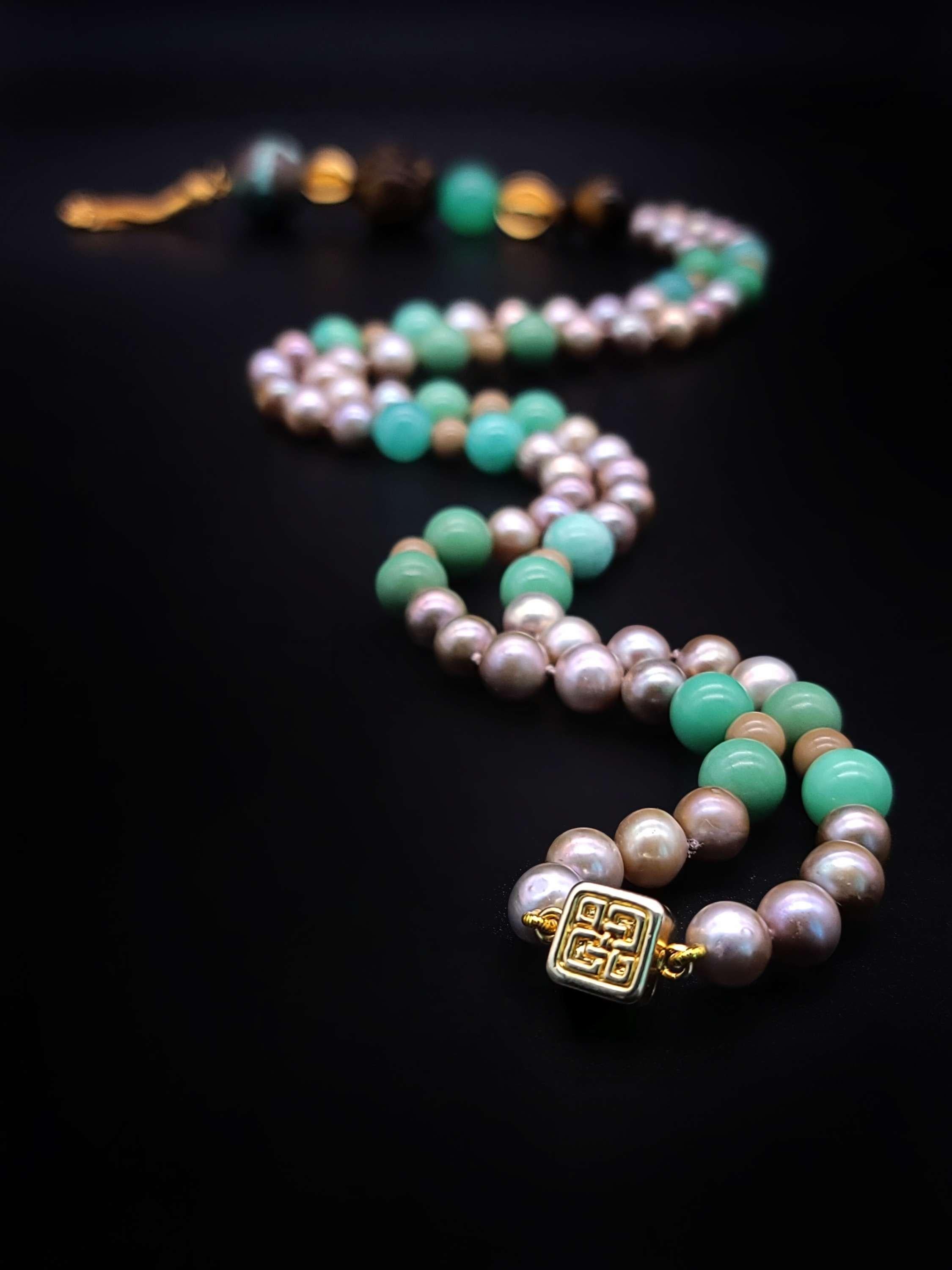 A.Jeschel Stylish long Pearls and Chrysoprase necklace. For Sale 4