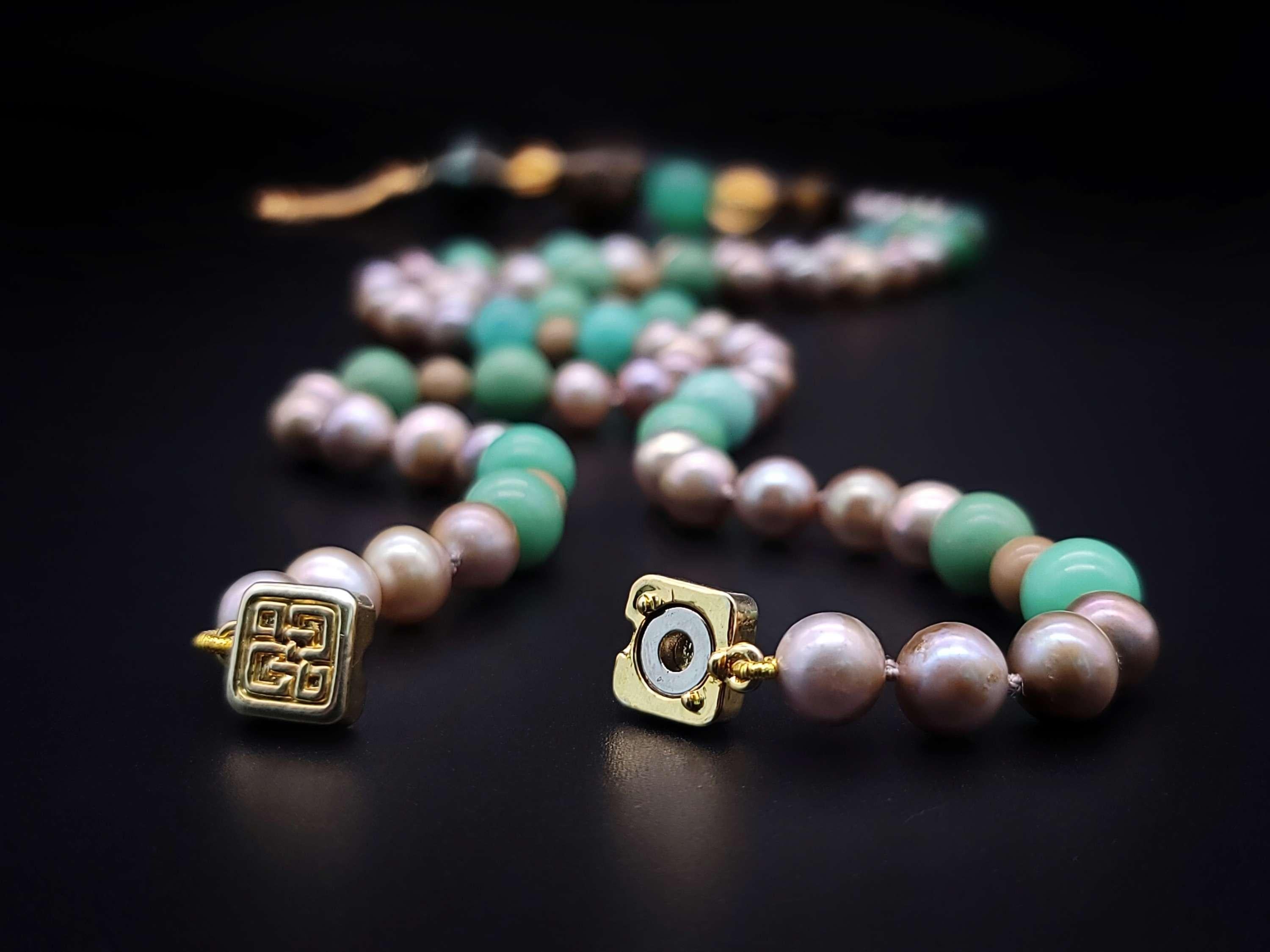 A.Jeschel Stylish long Pearls and Chrysoprase necklace. For Sale 5