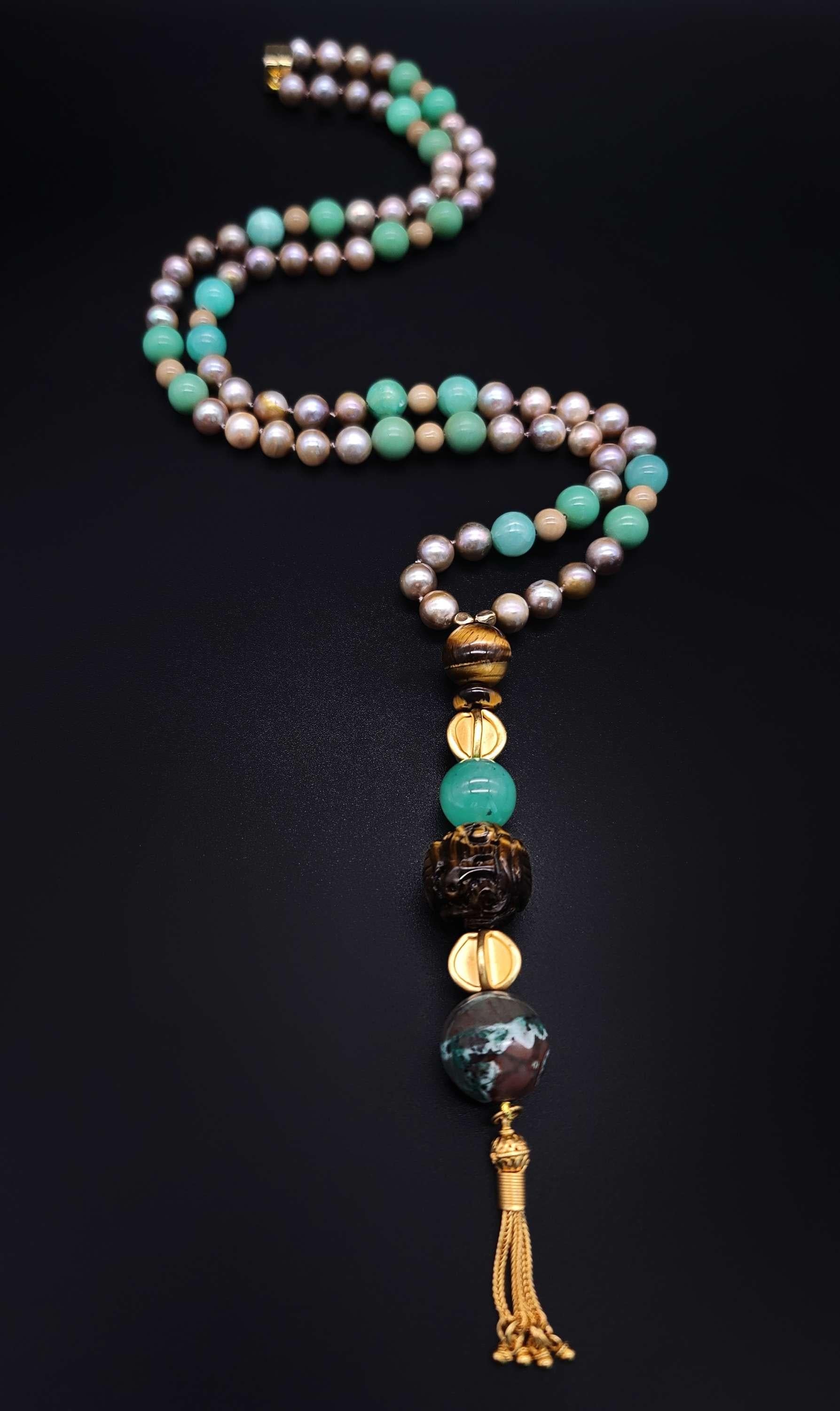 Contemporary A.Jeschel Stylish long Pearls and Chrysoprase necklace. For Sale