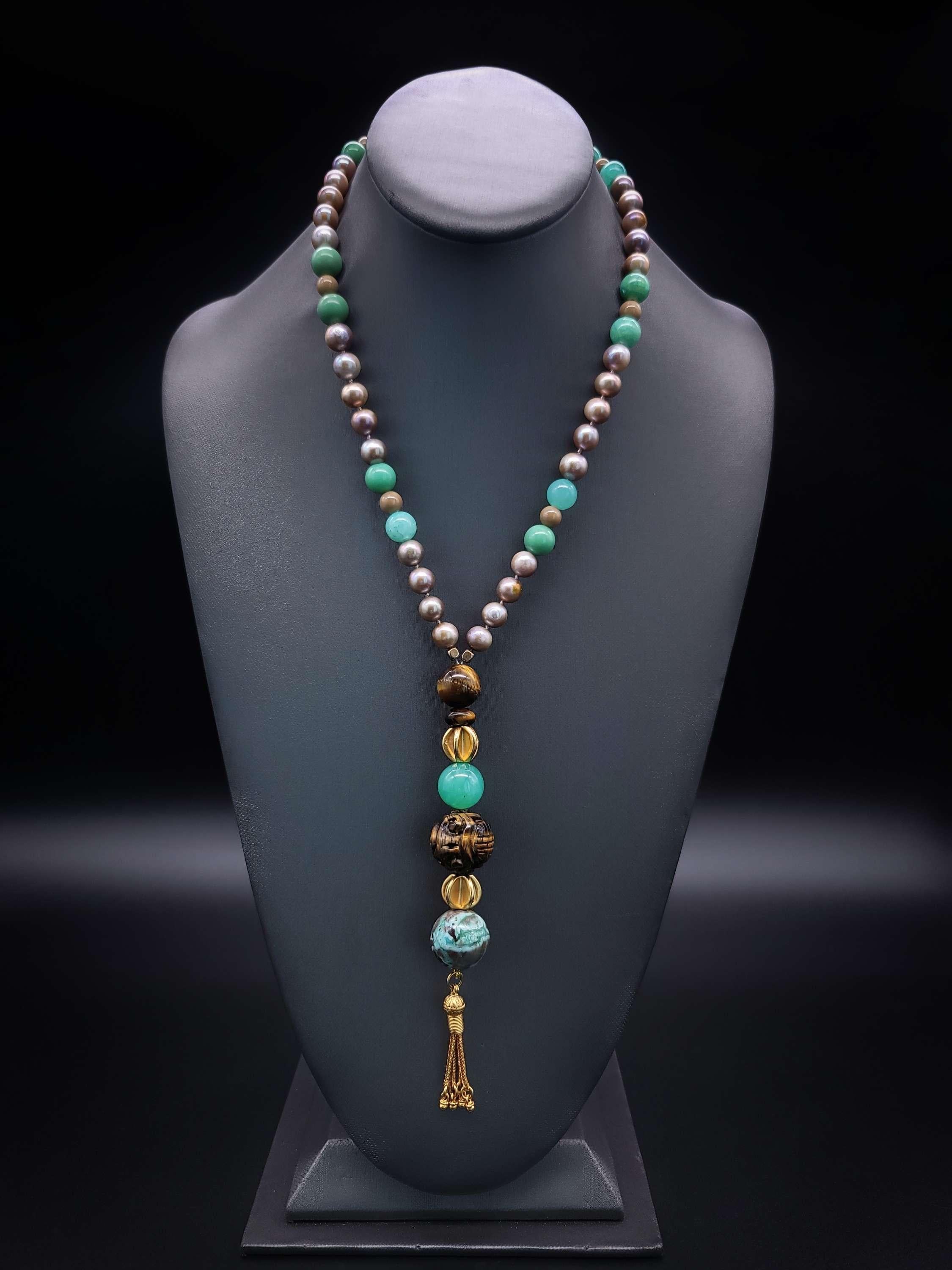 Bead A.Jeschel Stylish long Pearls and Chrysoprase necklace. For Sale