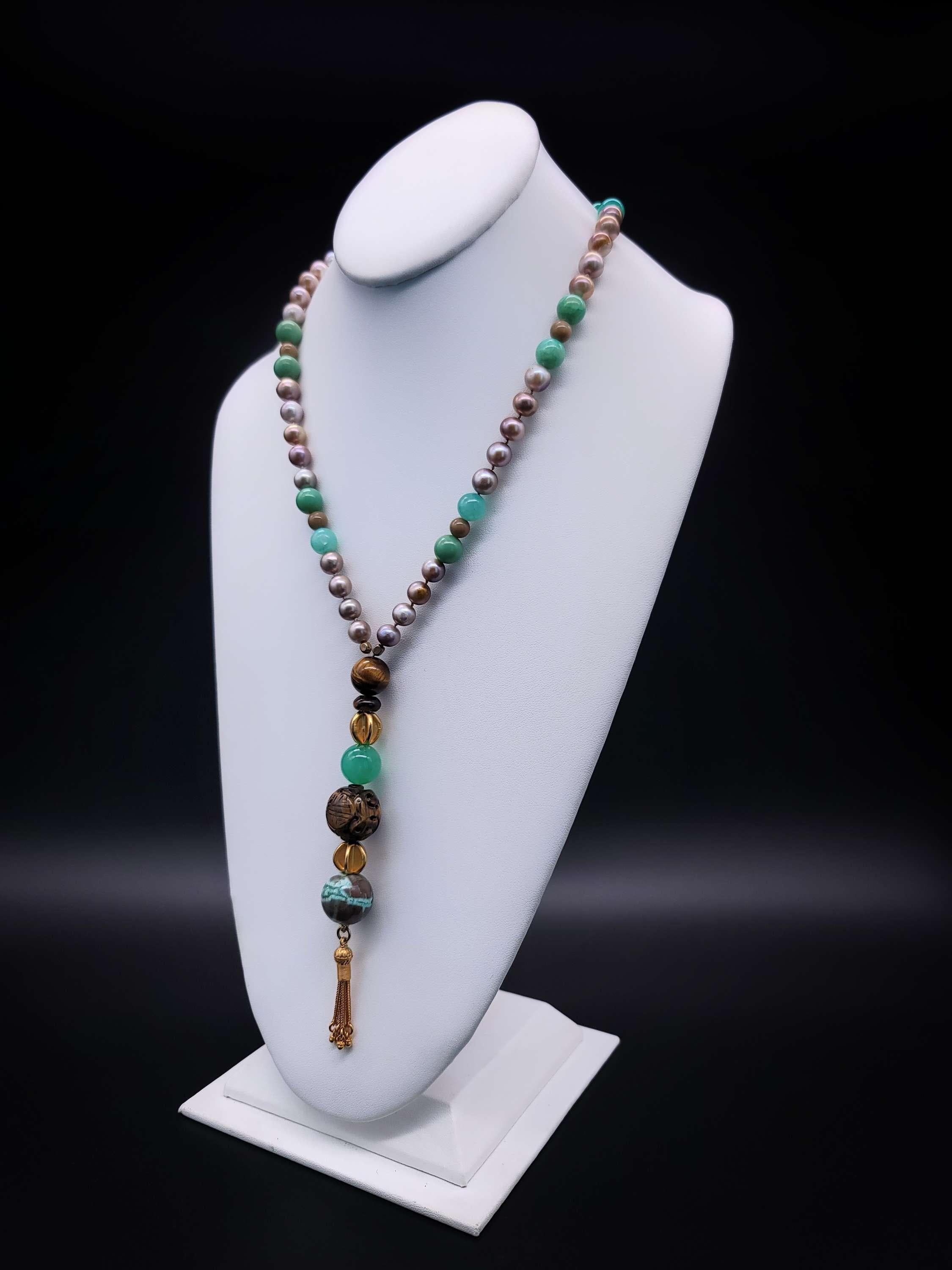 Women's or Men's A.Jeschel Stylish long Pearls and Chrysoprase necklace. For Sale