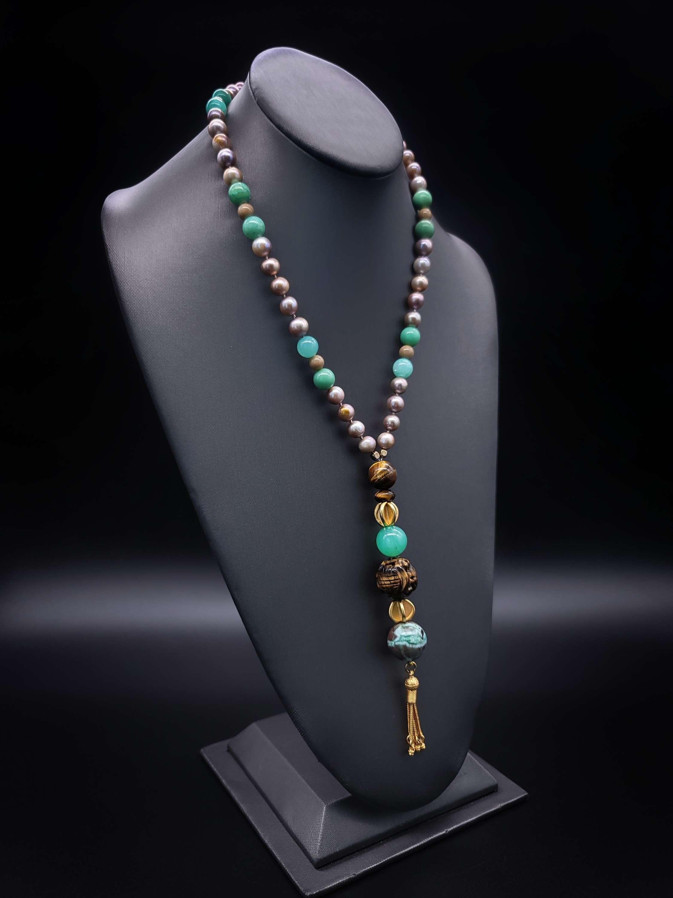 A.Jeschel Stylish long Pearls and Chrysoprase necklace. For Sale 1