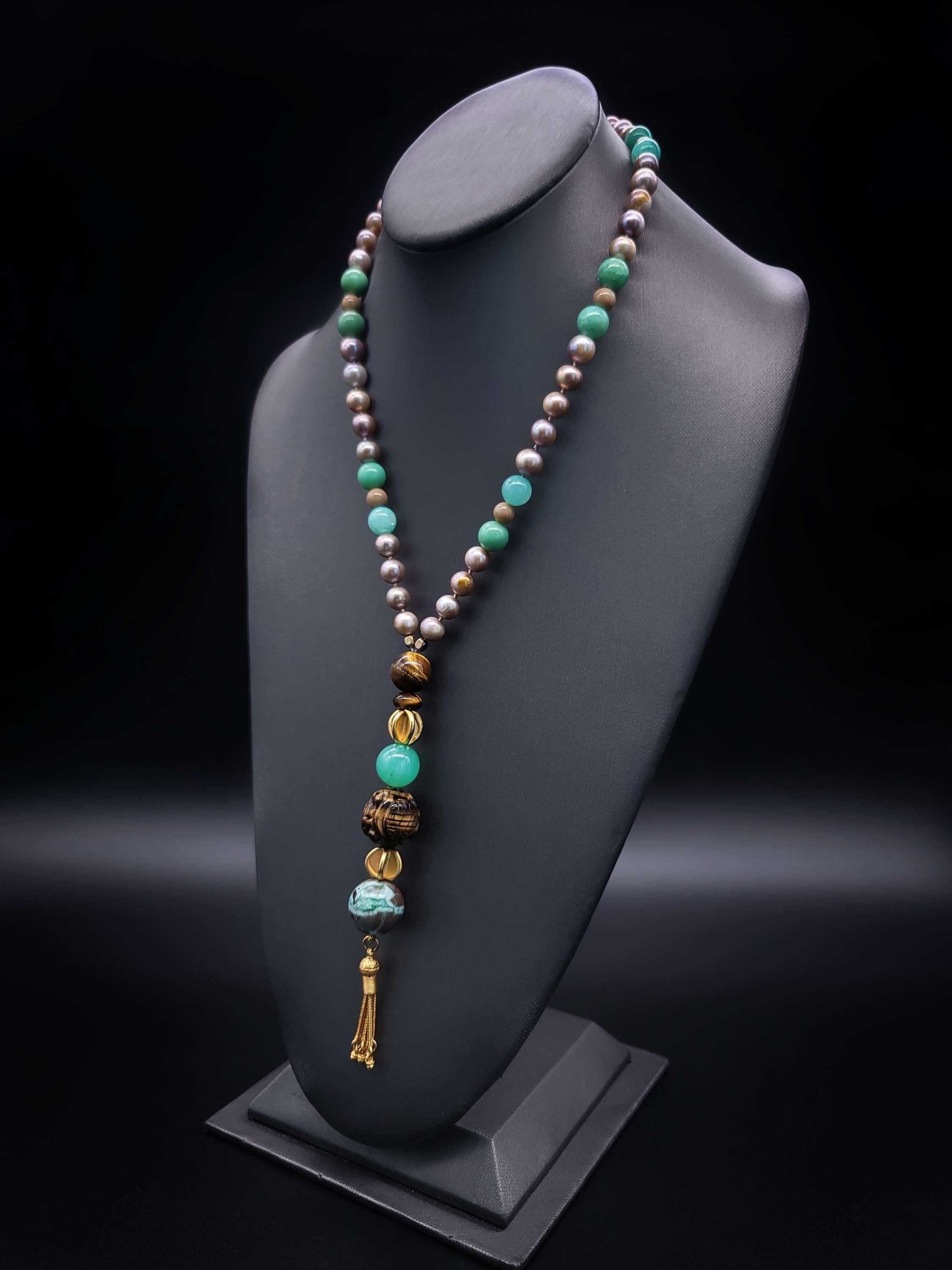 A.Jeschel Stylish long Pearls and Chrysoprase necklace. For Sale 3