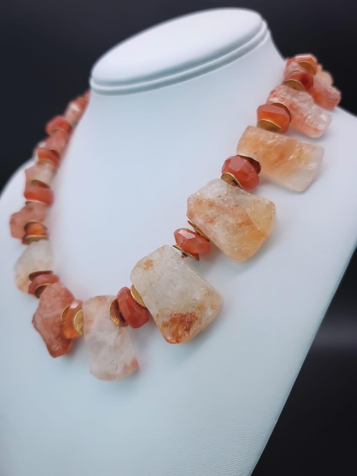 Mixed Cut A.Jeschel Sunstone Crystal and Carnelian single strand necklace. For Sale