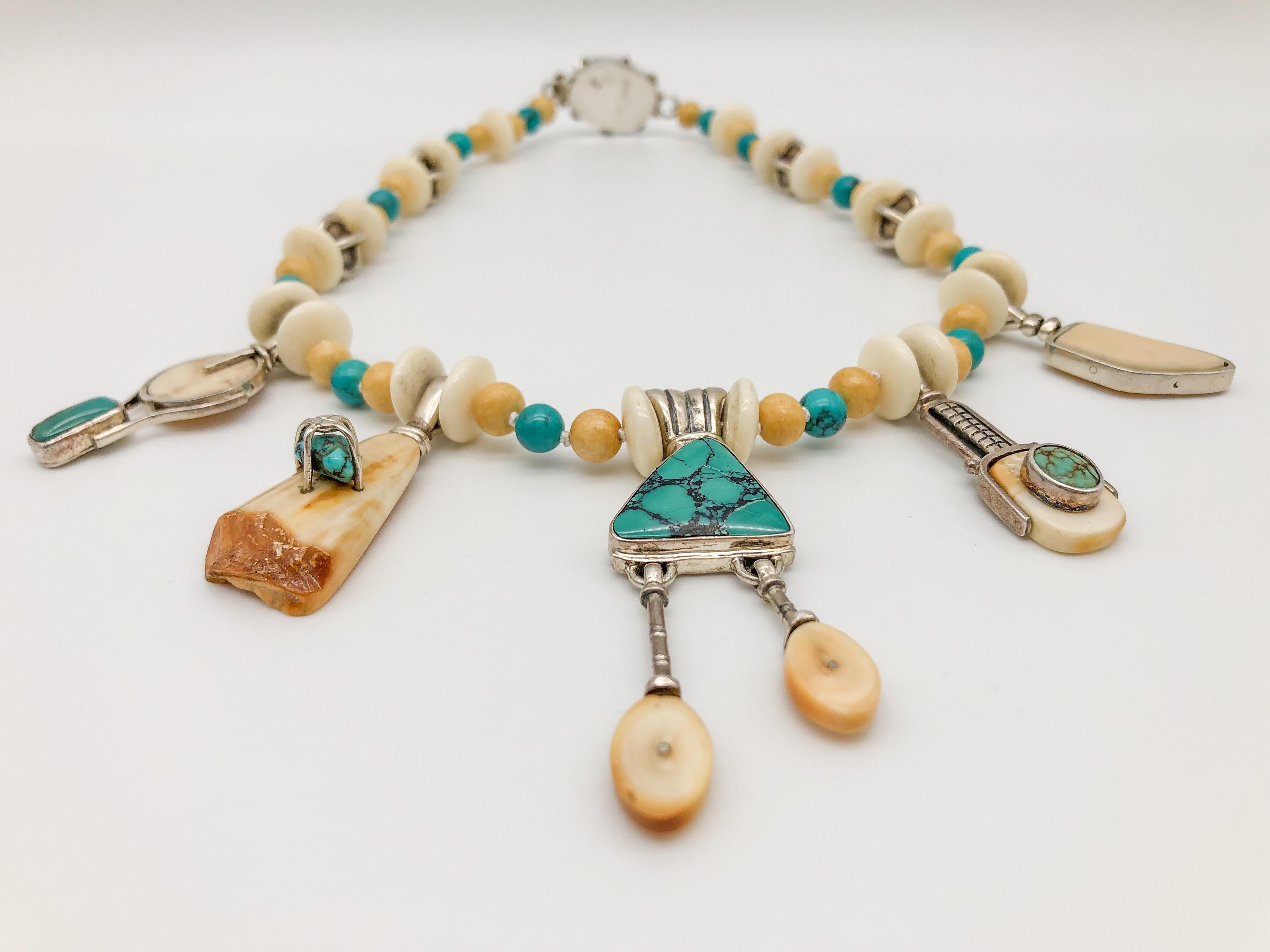 A.Jeschel Turquoise necklace five unique Fossil pendant. For Sale 6